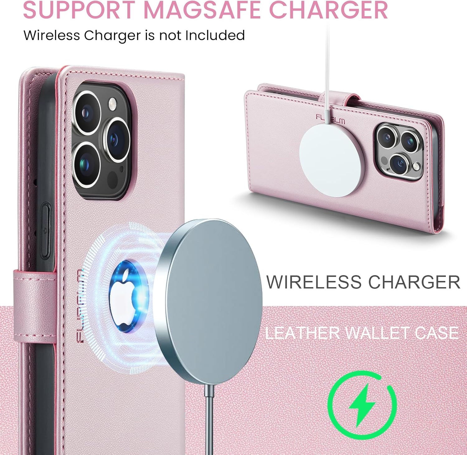 FLIPALM Funda magnética con logotipo para iPhone 14 Pro Max con bloqueo RFID, soporte para tarjetas de crédito, compatible con MagSafe piel