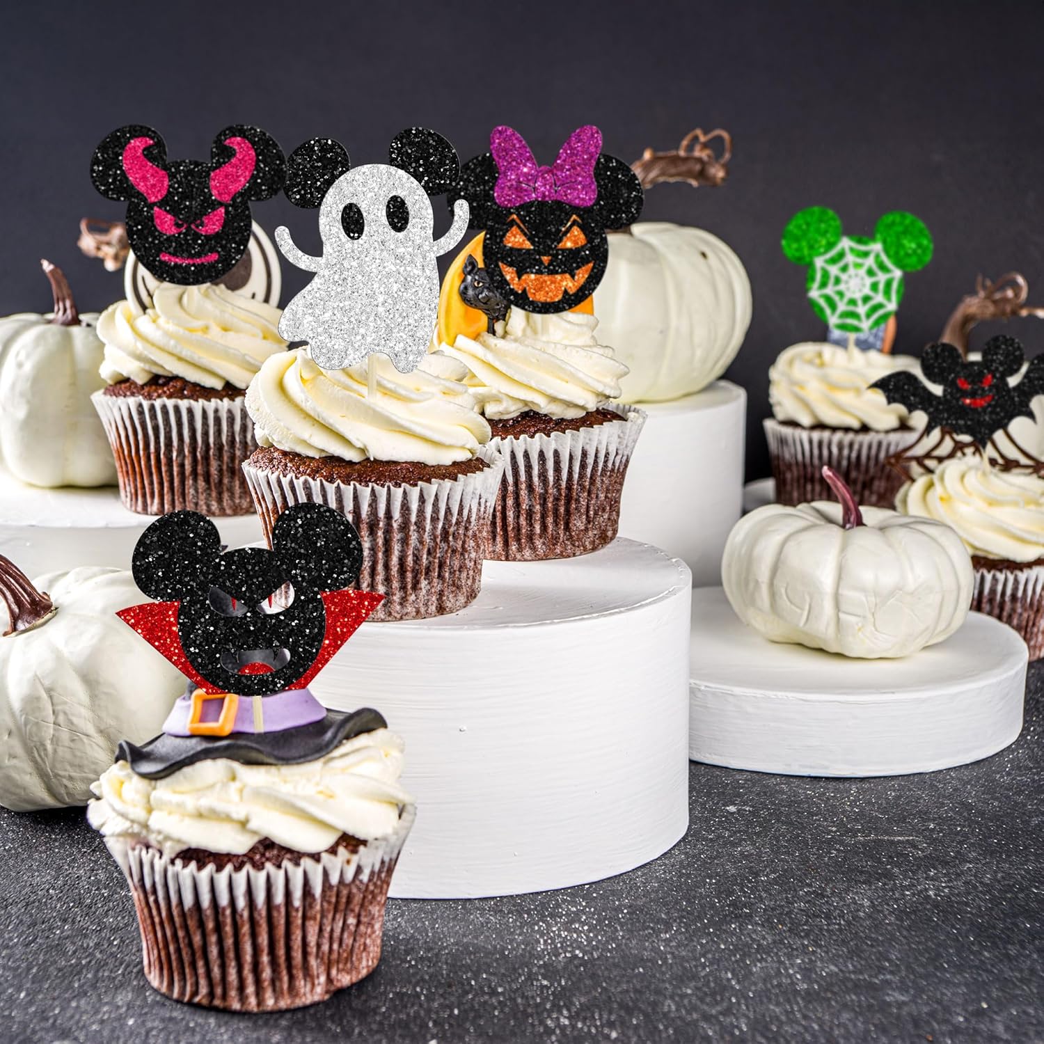 24 piezas inspiradas en mini ratones para cupcakes de Halloween con purpurina para cupcakes de Halloween, murciélagos, calabaza, fantasma,