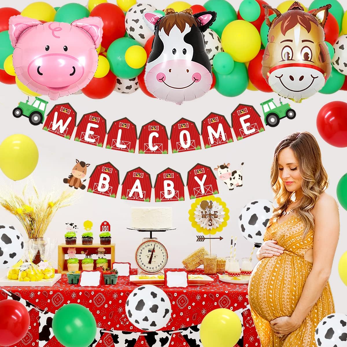 Decoraciones de baby shower de animales de granja para niños y niñas, guirnalda de globos rojos y amarillos, decoración de temática de granja,