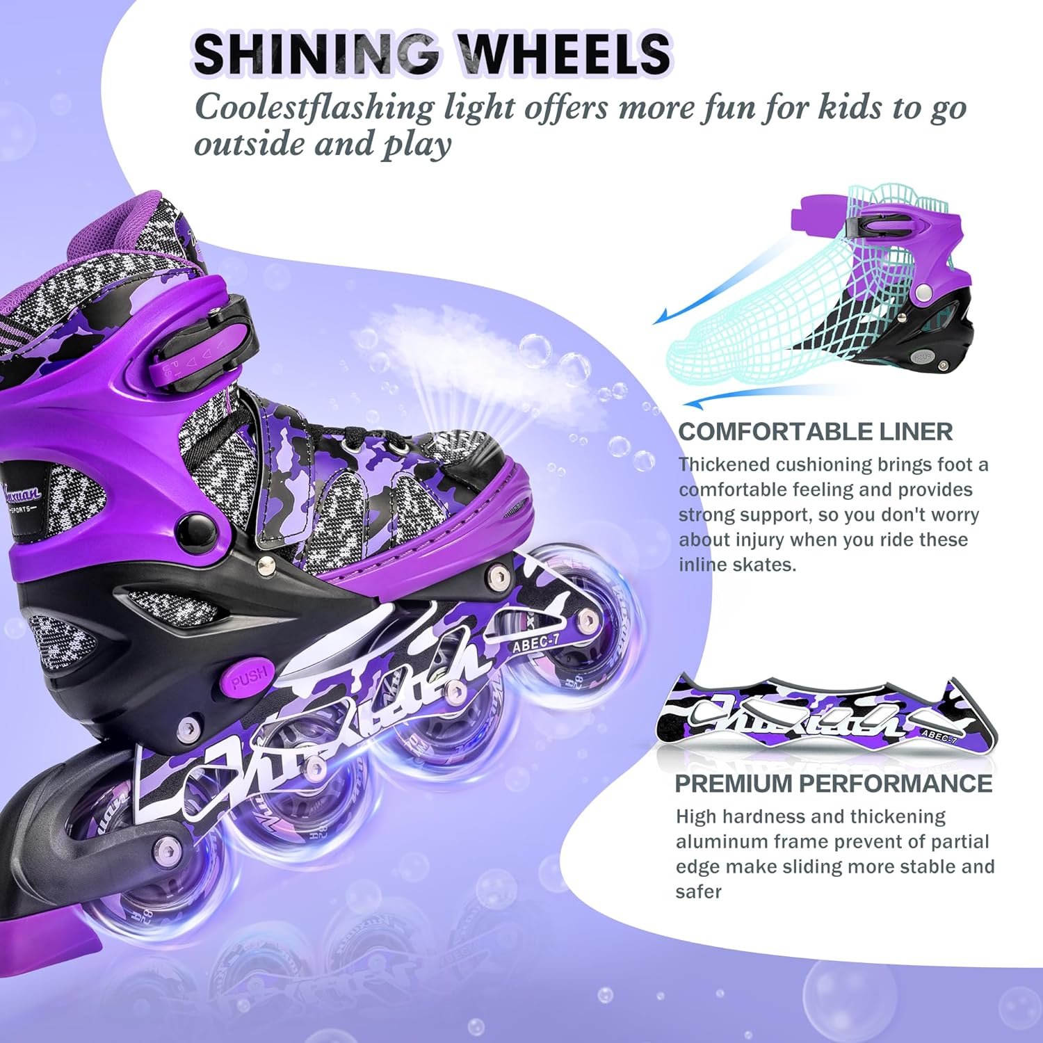 Kuxuan Skates Patines en línea ajustables para niños y jóvenes con ruedas de luz completa, camuflado, diversión al aire libre, patines iluminadores
