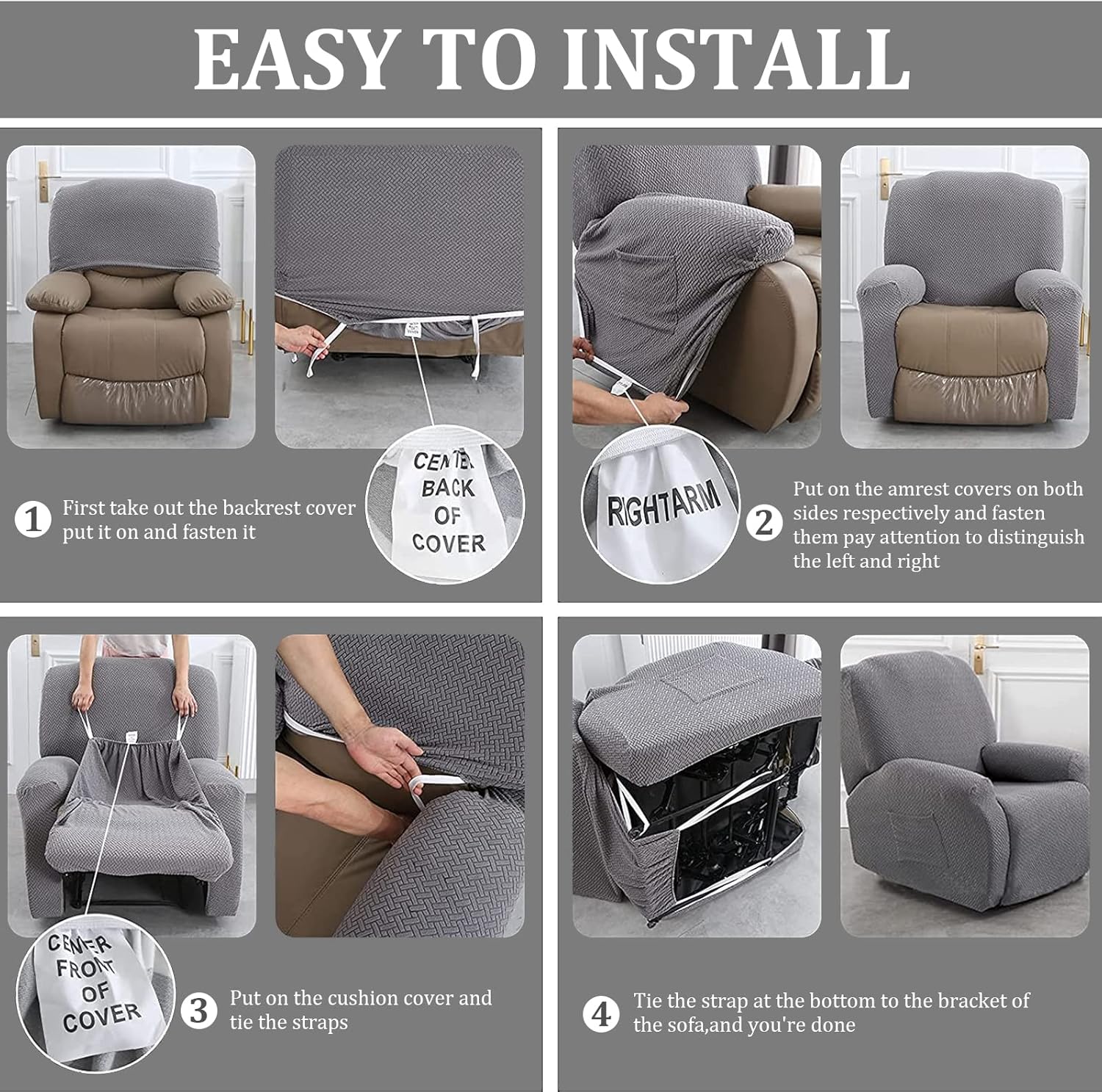 Fundas elásticas para sofá reclinable, 8 piezas, fundas para sillas reclinables grandes, fundas para sofá reclinable de 3 asientos, lavable,