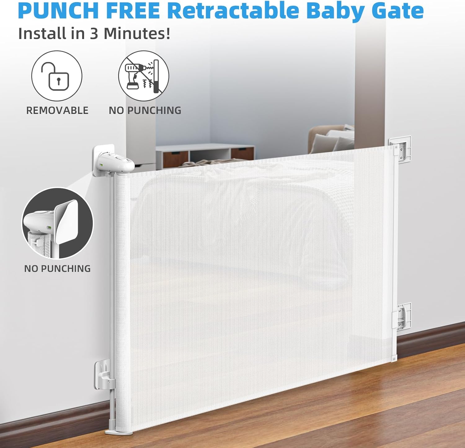 Puertas retráctiles para bebés sin perforaciones, 78 pulgadas extra anchas para gran apertura, seguridad para niños y mascotas, puerta de malla