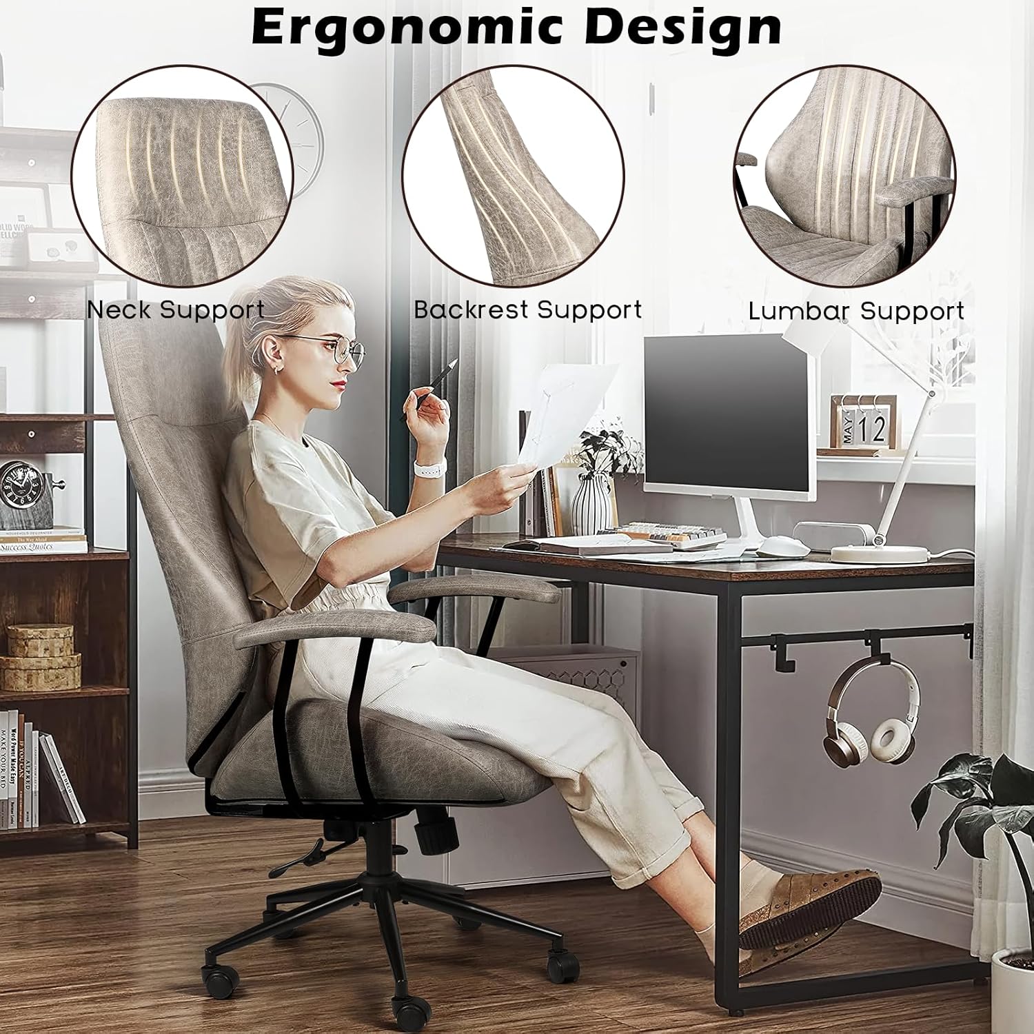 PUKAMI Morden Silla de oficina de cuero, silla de computadora, silla de escritorio ergonómica, silla de escritorio con respaldo alto, silla