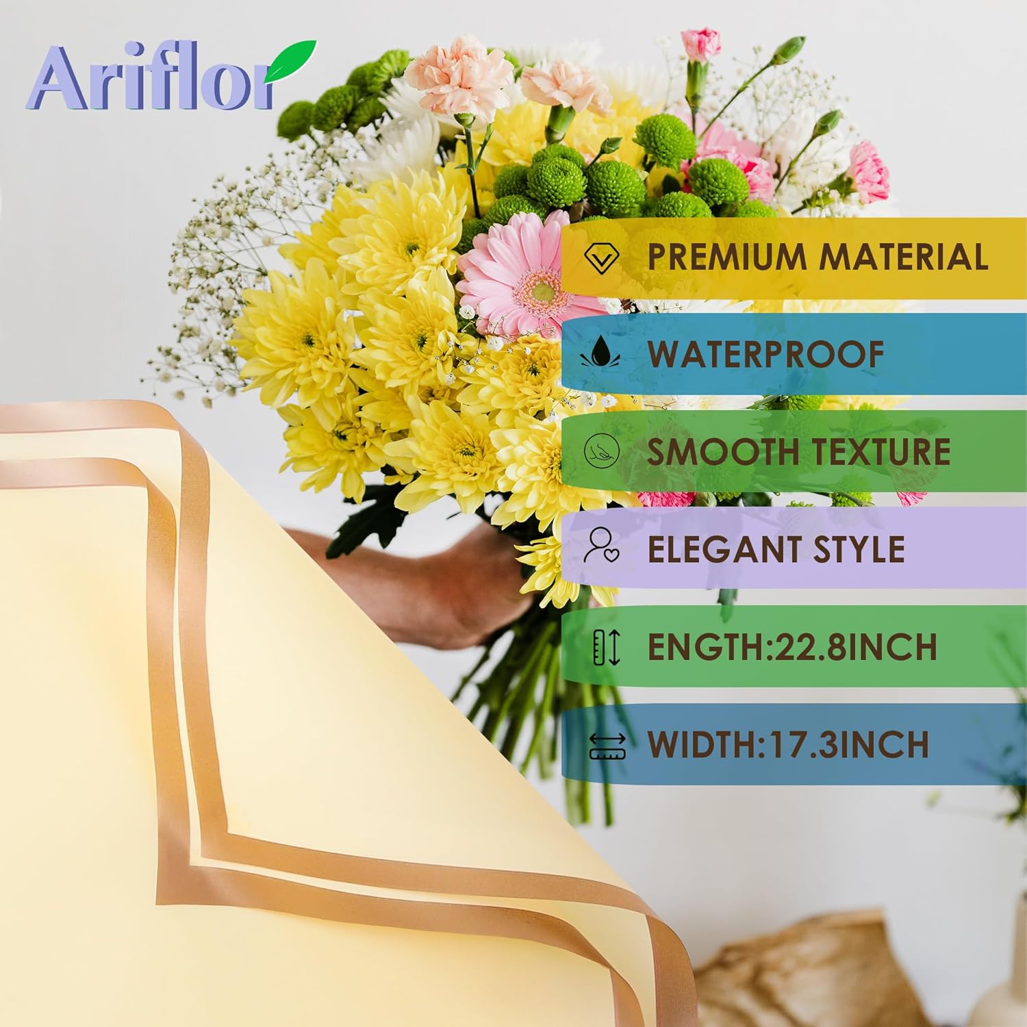 ARIFLOR 20 hojas de papel de ramo de flores impermeables con borde dorado, 20408, papel de regalo de Navidad, embalaje de regalo, manualidades de