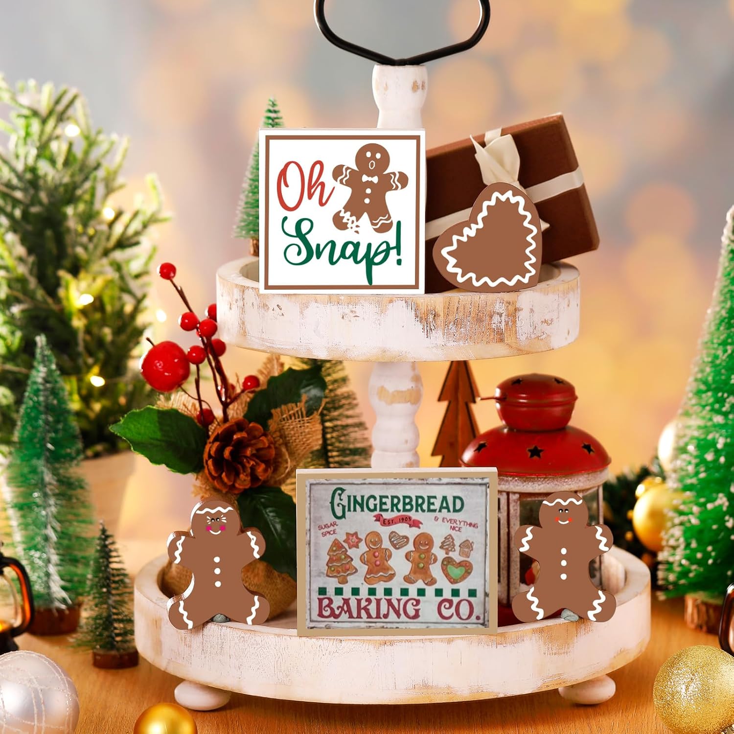 Suzile 5 piezas de decoración de mesa de hombre de jengibre de Navidad, bandeja rústica escalonada de madera de jengibre para árbol de Navidad,