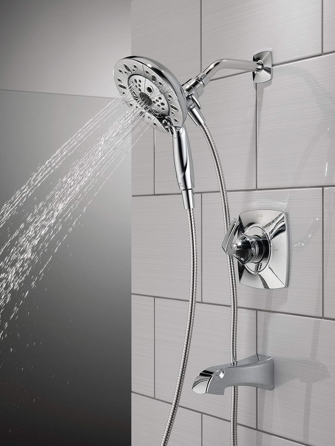 Delta Faucet Vesna 144789-I – Kit de molduras de ducha de un solo mango con cabezal de ducha de mano doble H2Okinetic In2ition de 5 pulverizaciones