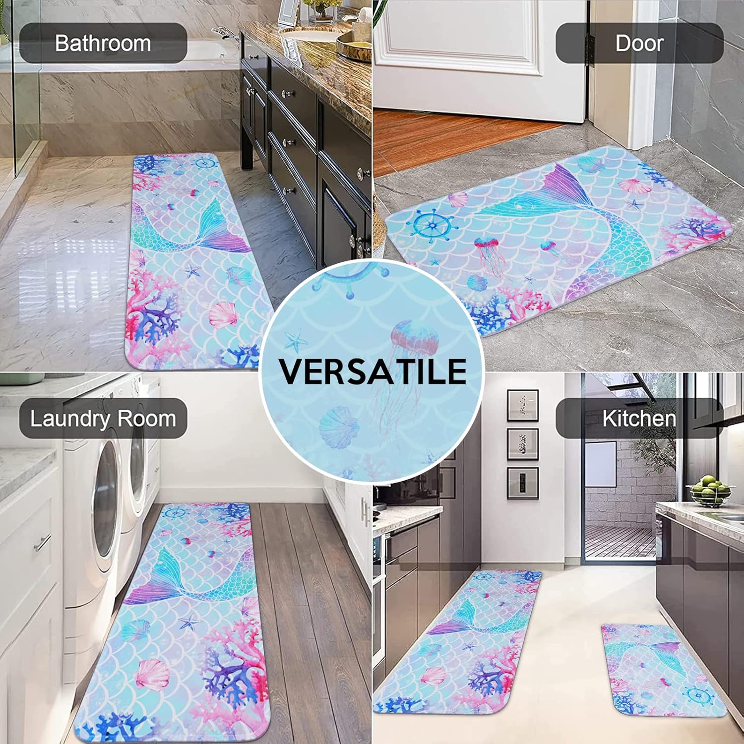 FRAMICS Juego de 2 tapetes de baño de sirena, tapetes de baño rosa y azul para niñas, alfombras de baño suaves y absorbentes, antideslizantes, para