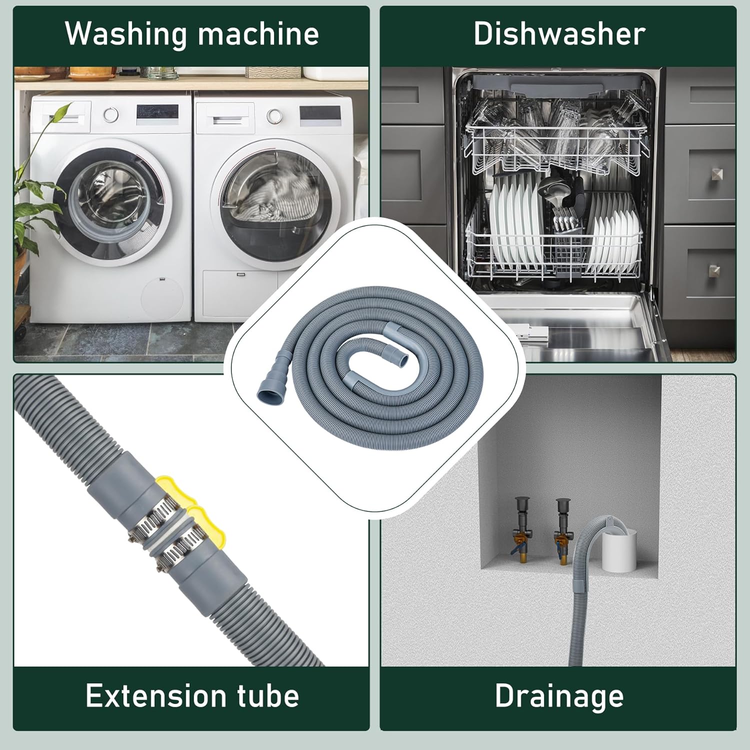 Kit de extensión flexible de manguera de drenaje para lavadora, manguera de drenaje universal corrugada para lavavajillas con 1 soporte de manguera