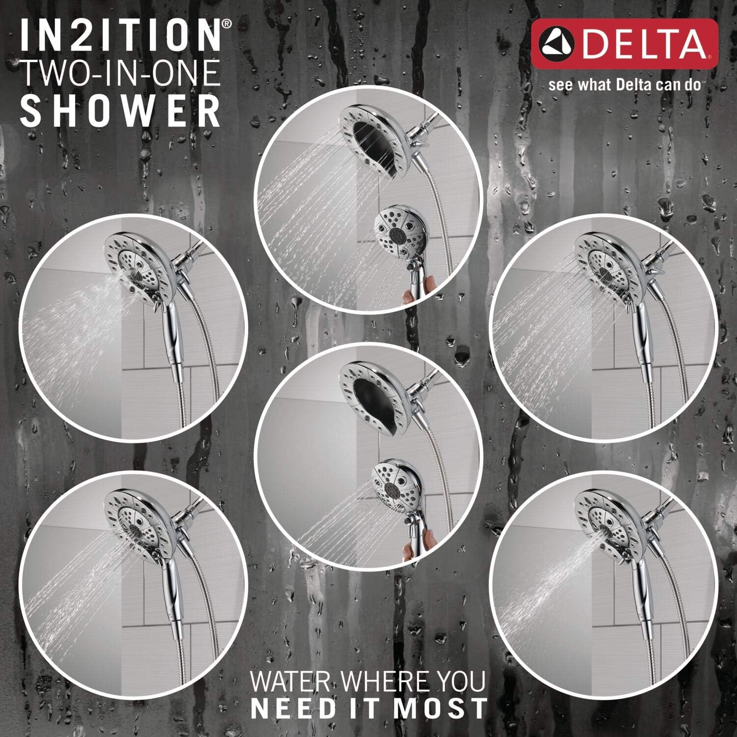 Delta Faucet Vesna 144789-I – Kit de molduras de ducha de un solo mango con cabezal de ducha de mano doble H2Okinetic In2ition de 5 pulverizaciones