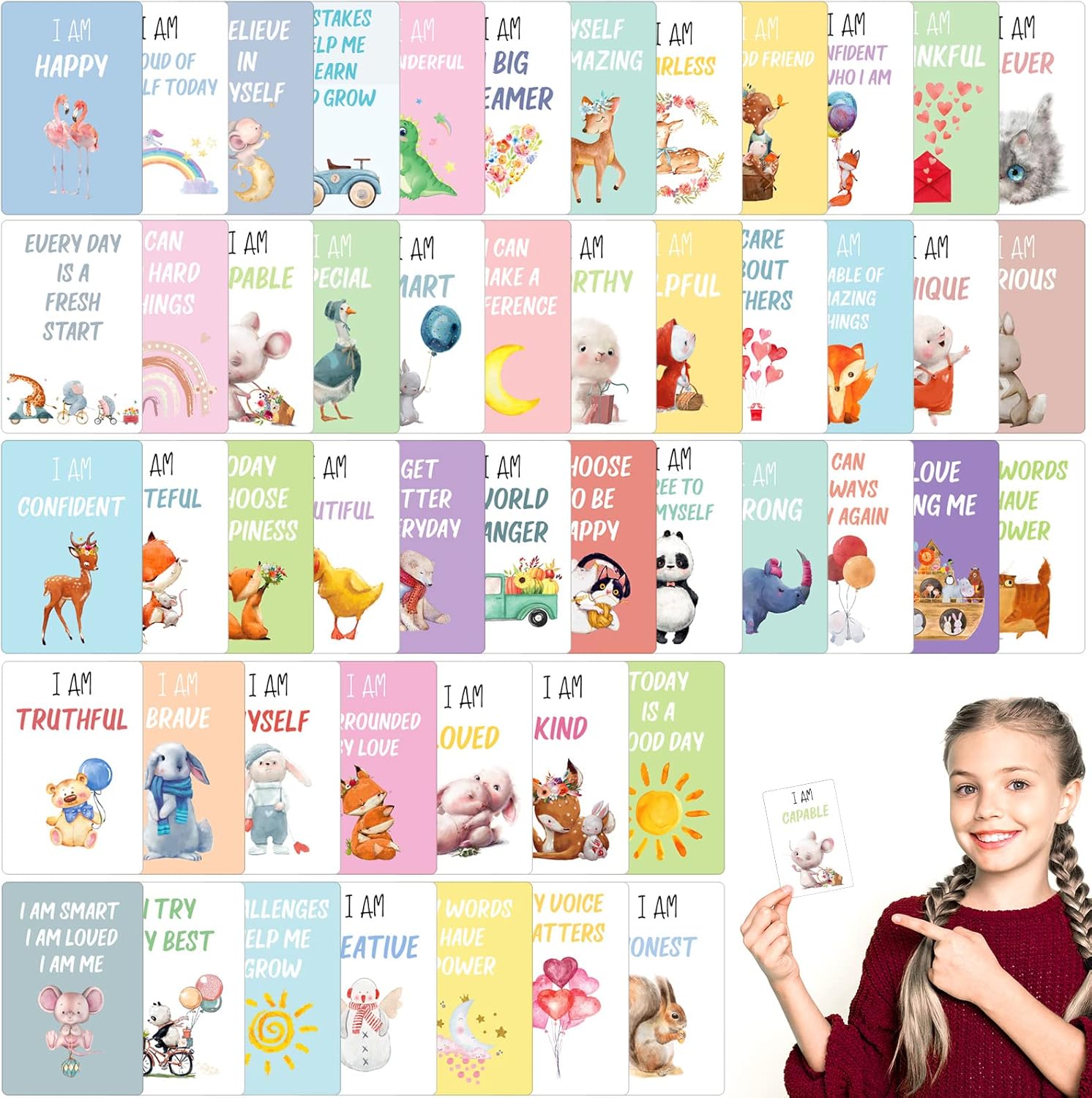Juego de 50 tarjetas de afirmación positiva para niños pequeños, tarjetas de afirmación motivacional, tarjetas didácticas, afirmaciones diarias