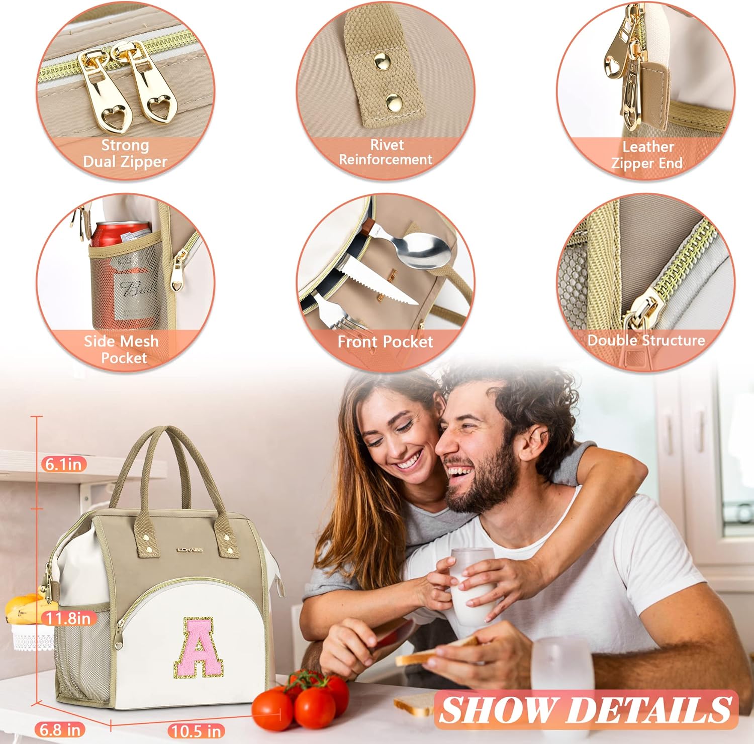 UTOTEBAG Lonchera con iniciales para mujeres, adolescentes y niñas, lonchera para adultos, contenedor refrigerante para el trabajo de picnic,