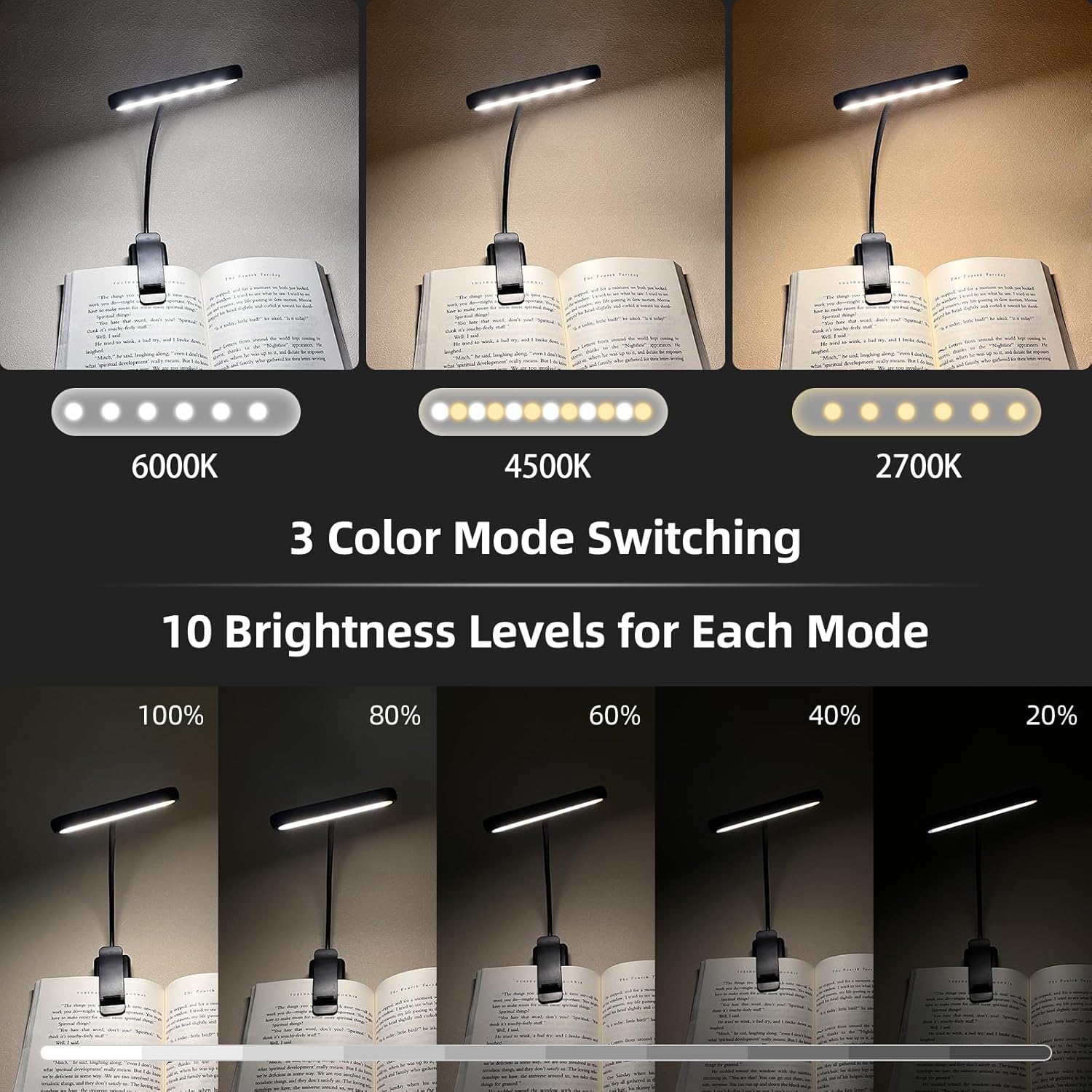 Luz de libro, adaptador incluido Luces recargables para leer por la noche en la cama con 3 colores y 10 brillo regulable, cuello de cisne flexible