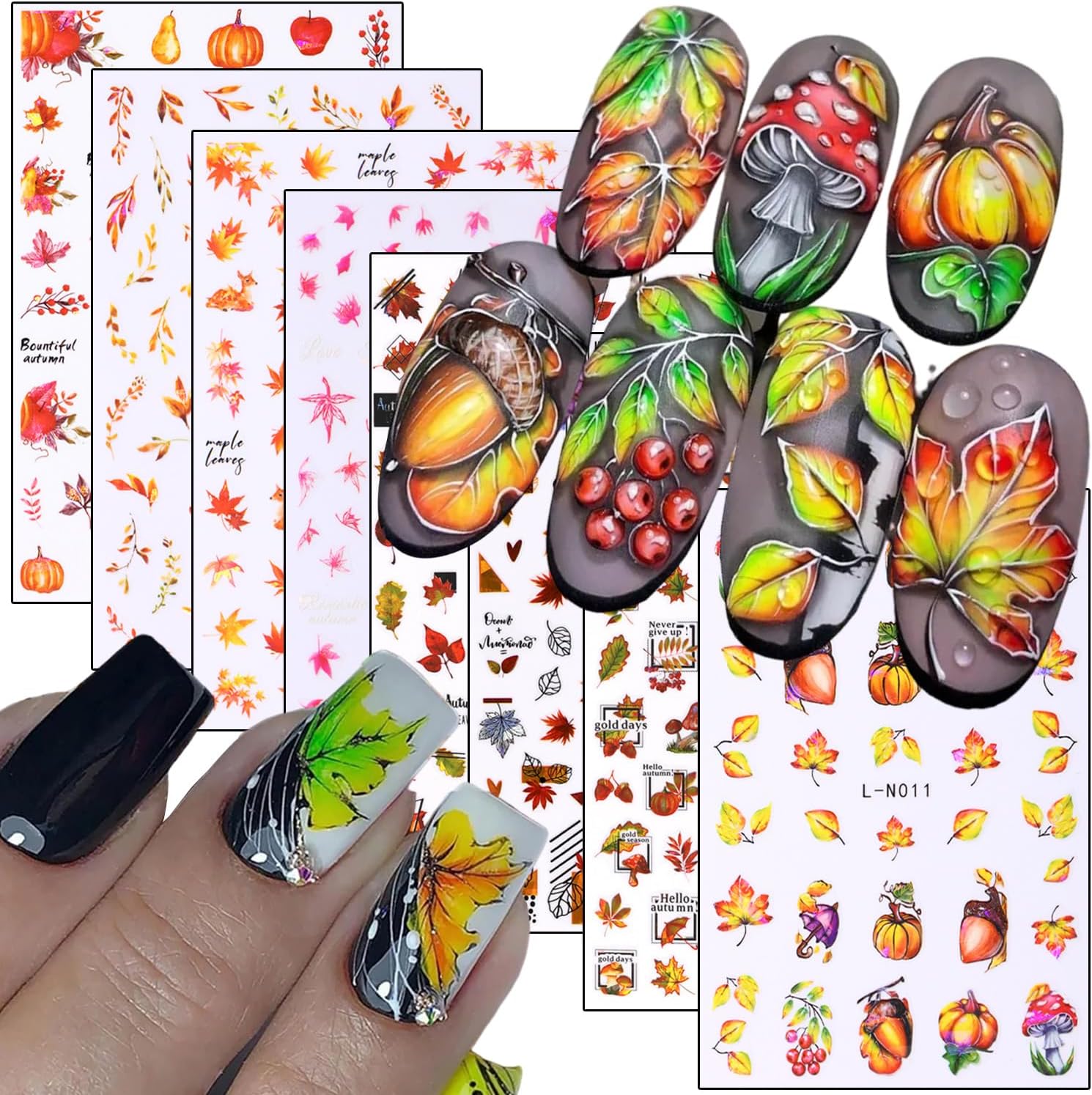 Calcomanías de arte de uñas de hoja de arce de otoño, hojas de otoño 3D, diseño de calabaza y hongos para uñas, decoración de calcomanías de