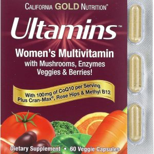 California Gold Nutrition Ultamins Multivitamínico para mujer con CoQ10, hongos, enzimas, verduras y bayas, 60 cápsulas vegetales California Gold Nutrition Ultamins Multivitamínico para mujer con CoQ10, hongos, enzimas, verduras y bayas, 60 cápsulas vegetales