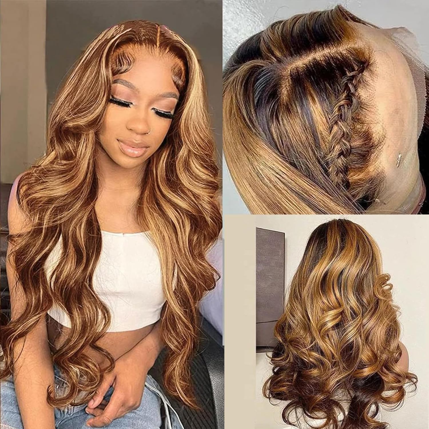 Pelucas de cabello humano rubio miel con encaje frontal de 13 x 4 con reflejos degradados 427, pelucas de cabello humano con encaje frontal de 180 %