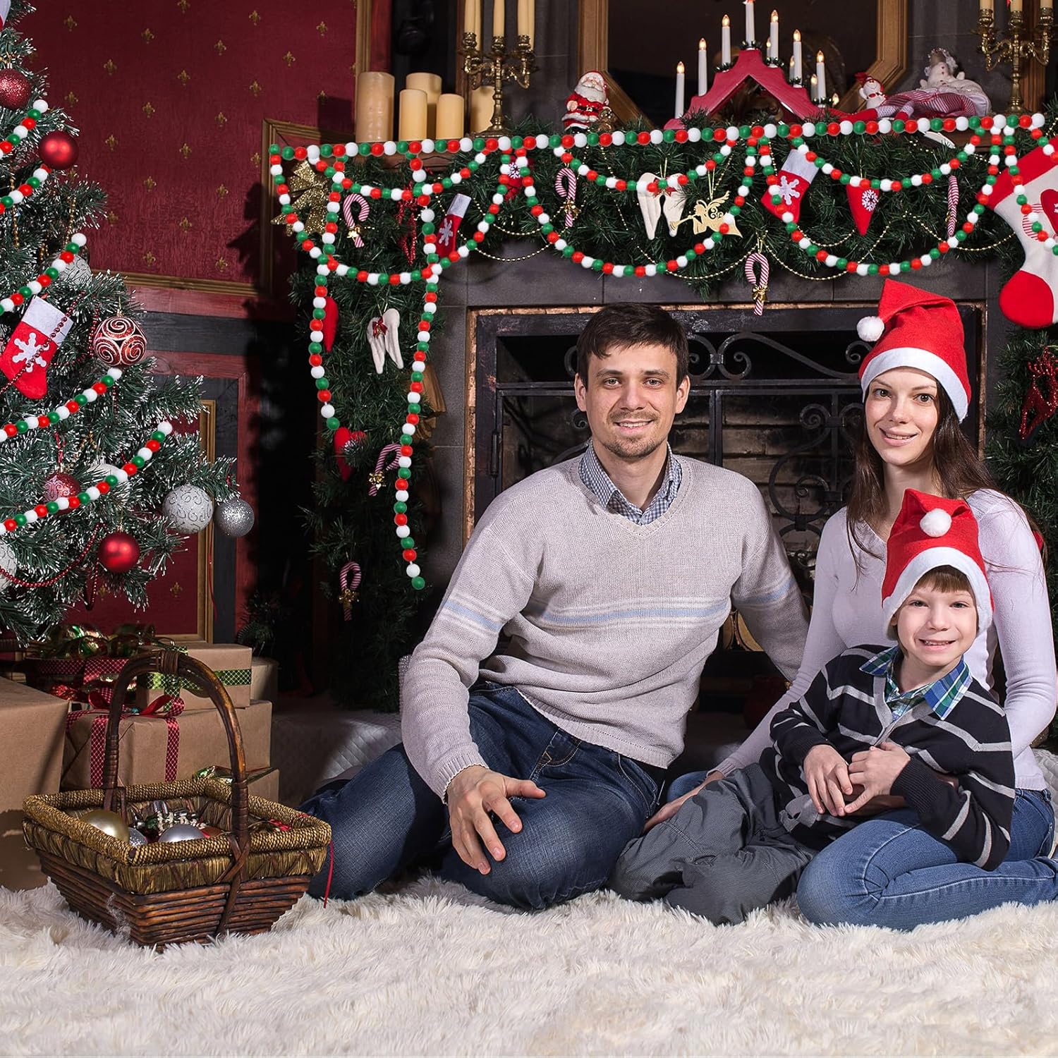 Frienda Guirnalda de cuentas de madera de Navidad de 100 pies, decoración de árbol de Navidad con cuentas de madera, cuentas decorativas de granja,