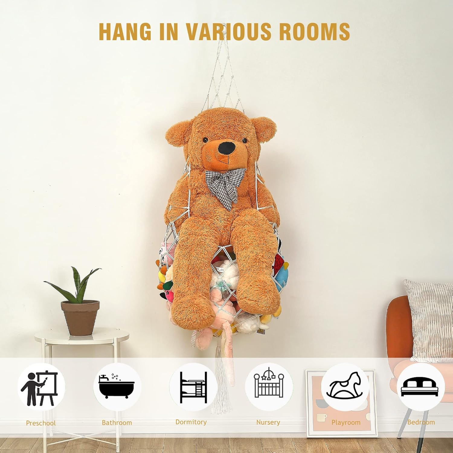 Hamaca de animales de peluche, red de animales de peluche o hamaca con hamaca LED para almacenamiento de animales de peluche, red de macramé,