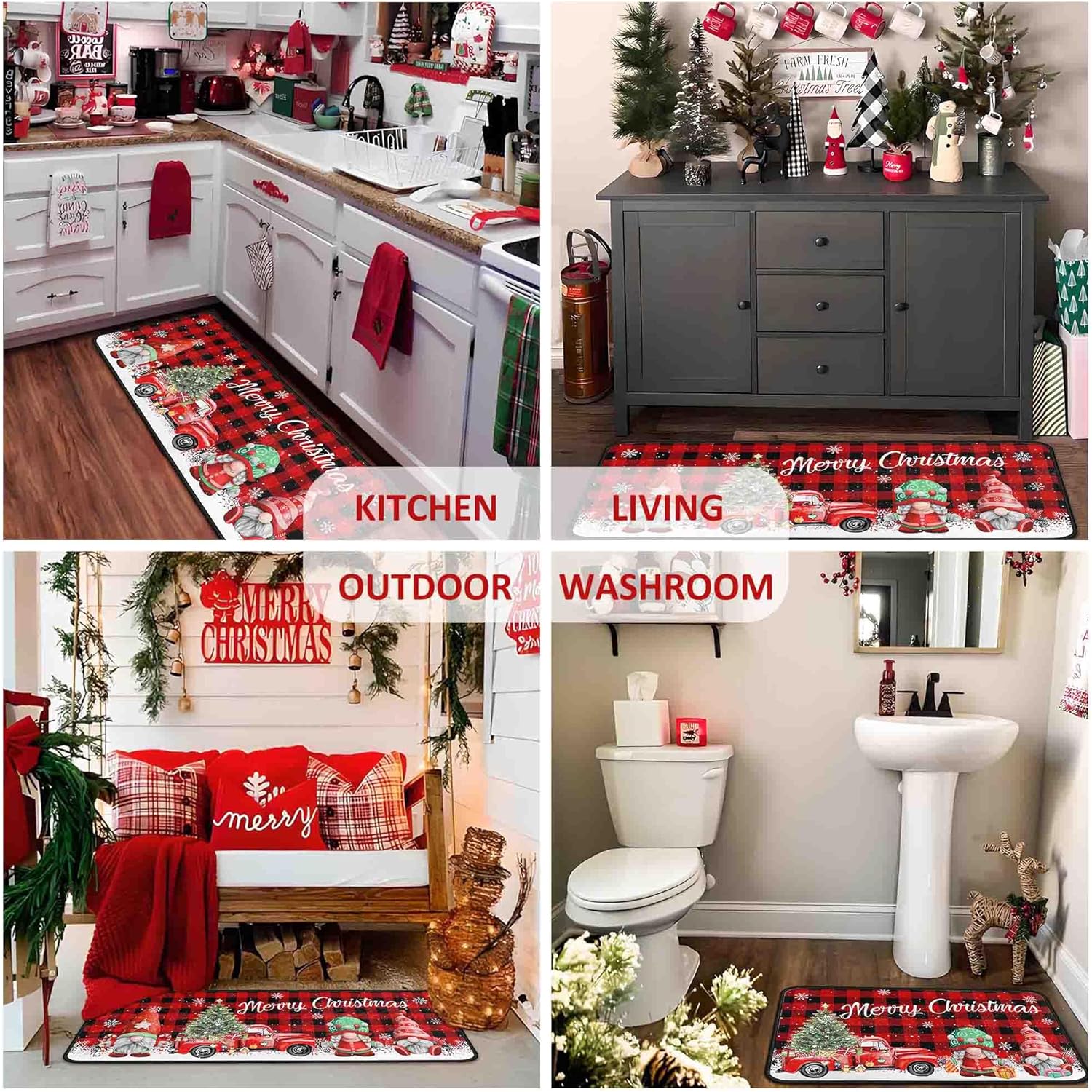 Juego de 2 alfombras y tapetes de cocina de Navidad con diseño de camión rojo a cuadros de búfalo, gnomos de árbol de Navidad, nieve, invierno,
