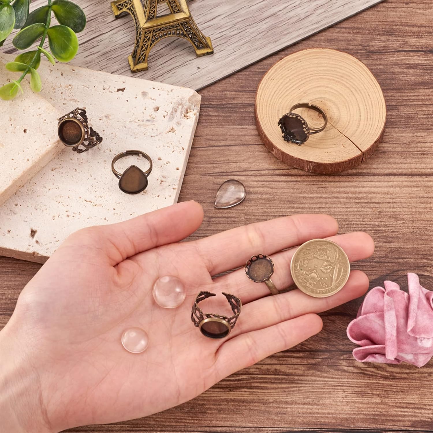 40 anillos de bronce antiguo, anillos de latón ajustables, anillos retro en blanco con ranuras, 40 cabujones de vidrio para mujeres, manualidades de
