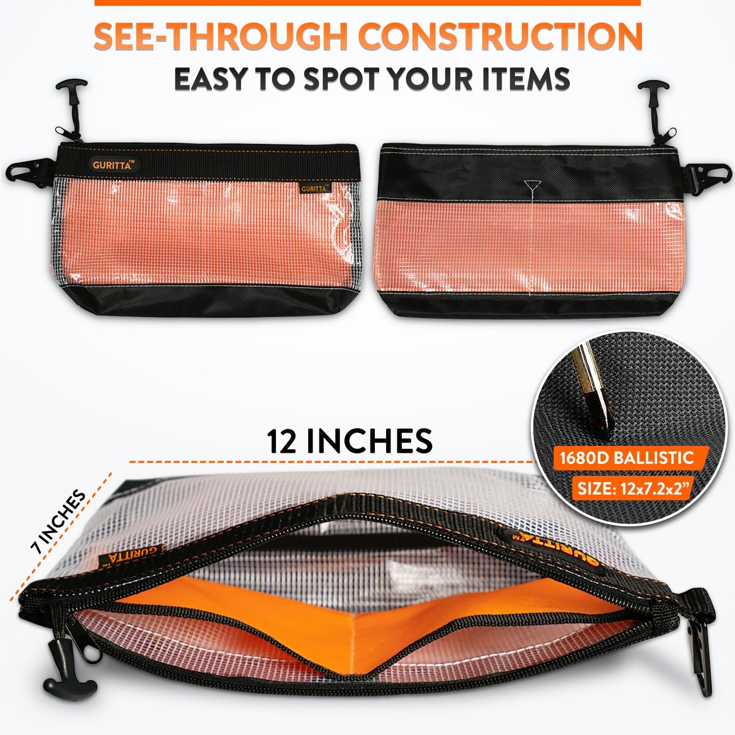 GURITTA Bolsas de herramientas transparentes con cremallera, bolsa de herramientas impermeable, bolsa de almacenamiento con funda para llaves, bolsa