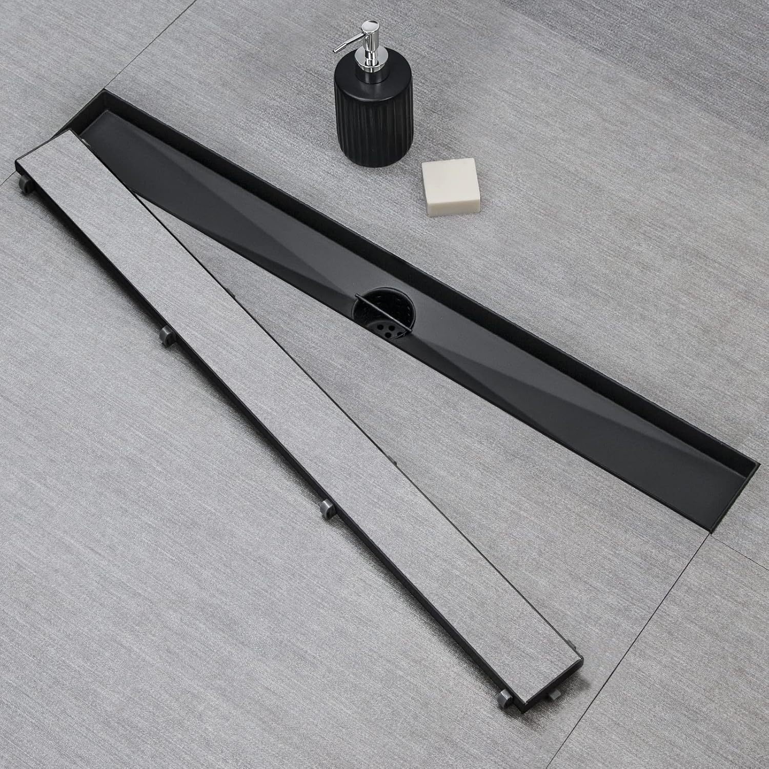SaniteModar Desagüe de ducha lineal, drenaje de ducha negro de 36 pulgadas con inserto plano y de azulejos 2 en 1, panel 2 en 1, acero inoxidable