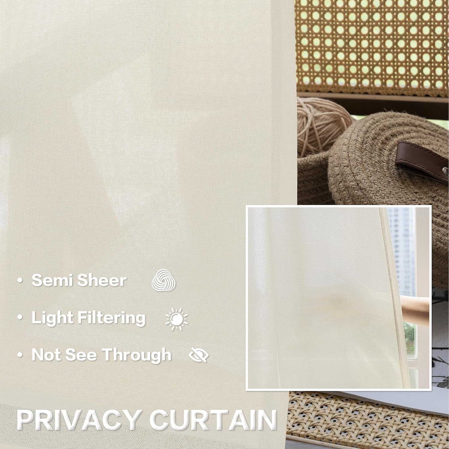 MAIHER Cortinas semitraslúcidas con textura de lino natural de 84 pulgadas de largo para sala de estar, cortinas rurales con filtro de luz para