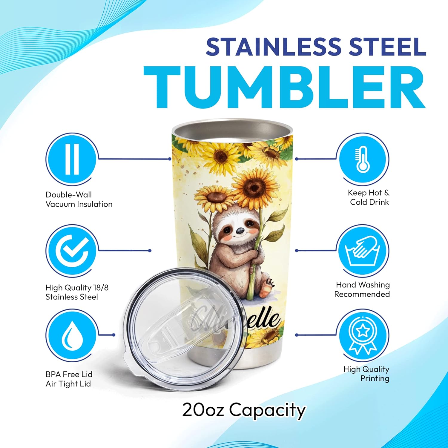 Hyturtle Regalos personalizados para los amantes de los perezosos, vaso de acero inoxidable de 20 onzas con tapa  Idea de regalo para amantes de los