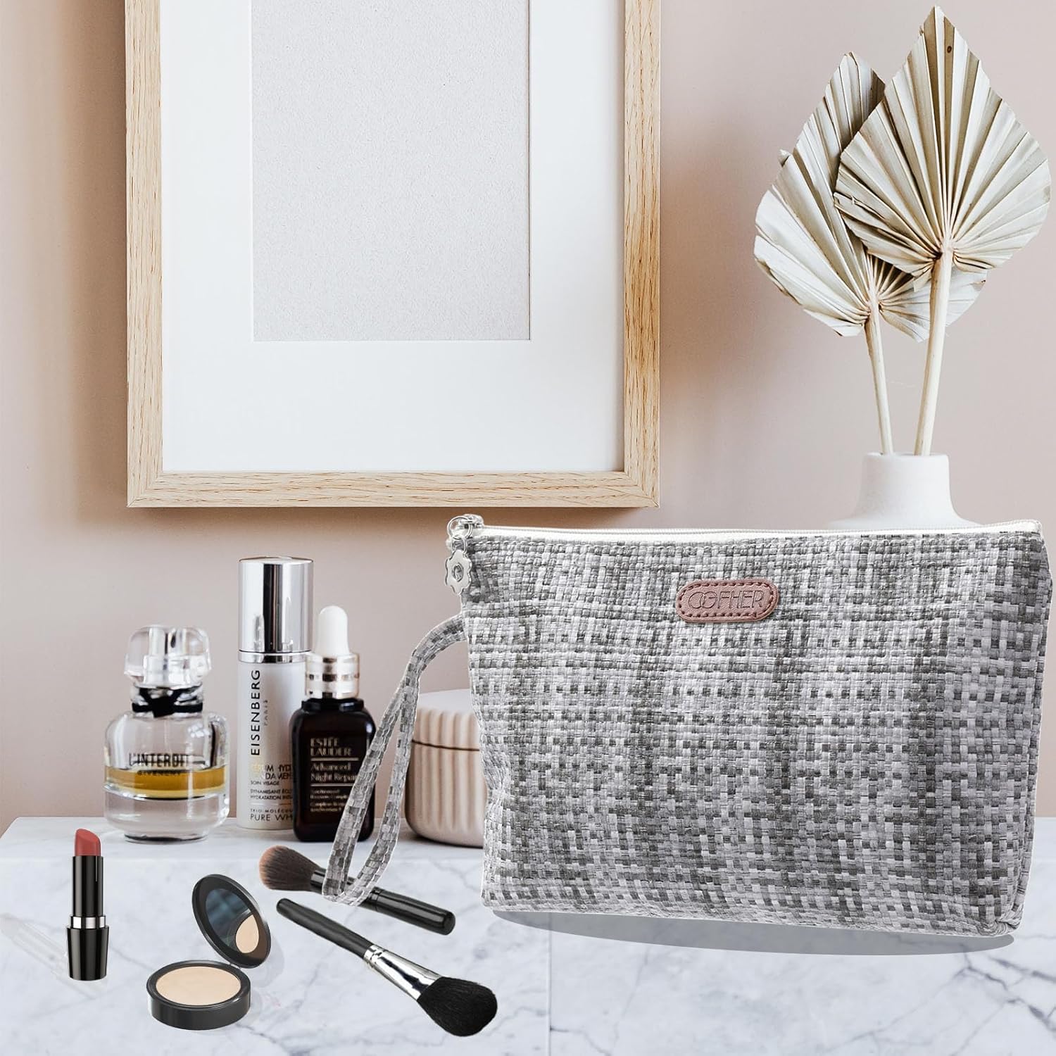 SEAMOON Pequeña bolsa de cosméticos, bolsa de maquillaje de viaje, bolso estético de maquillaje, bolsa de cuero de patrón tejido colorido, bolsa de