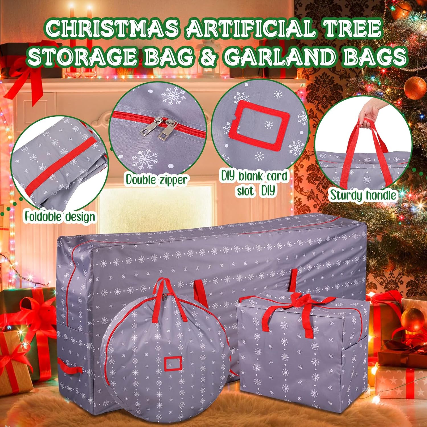 Juego de 3 bolsas de almacenamiento para árbol de Navidad de 65 x 30 x 15 pulgadas, bolsa de almacenamiento de corona de Navidad de 30 pulgadas,