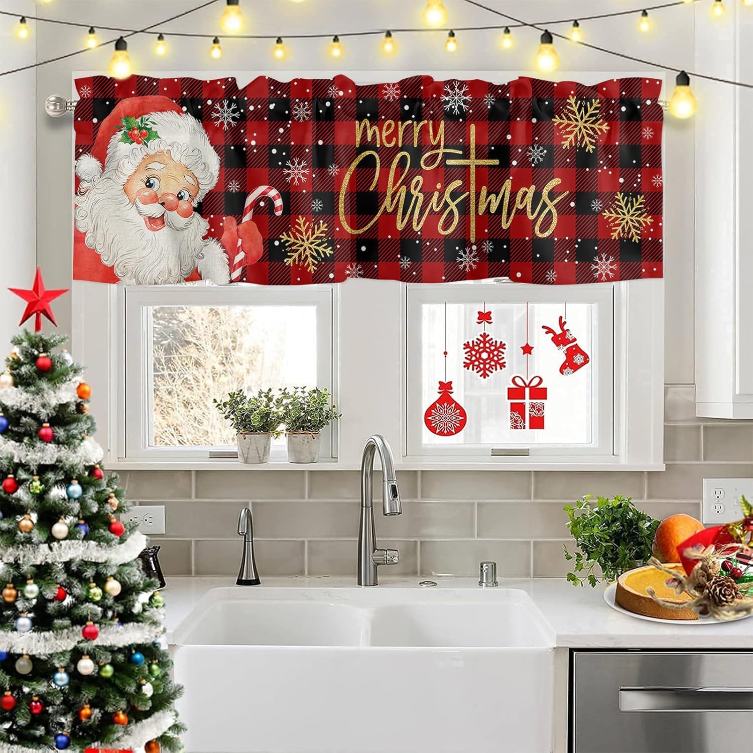 Cenefa de Navidad para ventanas, cenefas de Papá Noel, cenefa con bolsillo para barra, tratamientos de ventana, cortinas cortas a cuadros rojos para