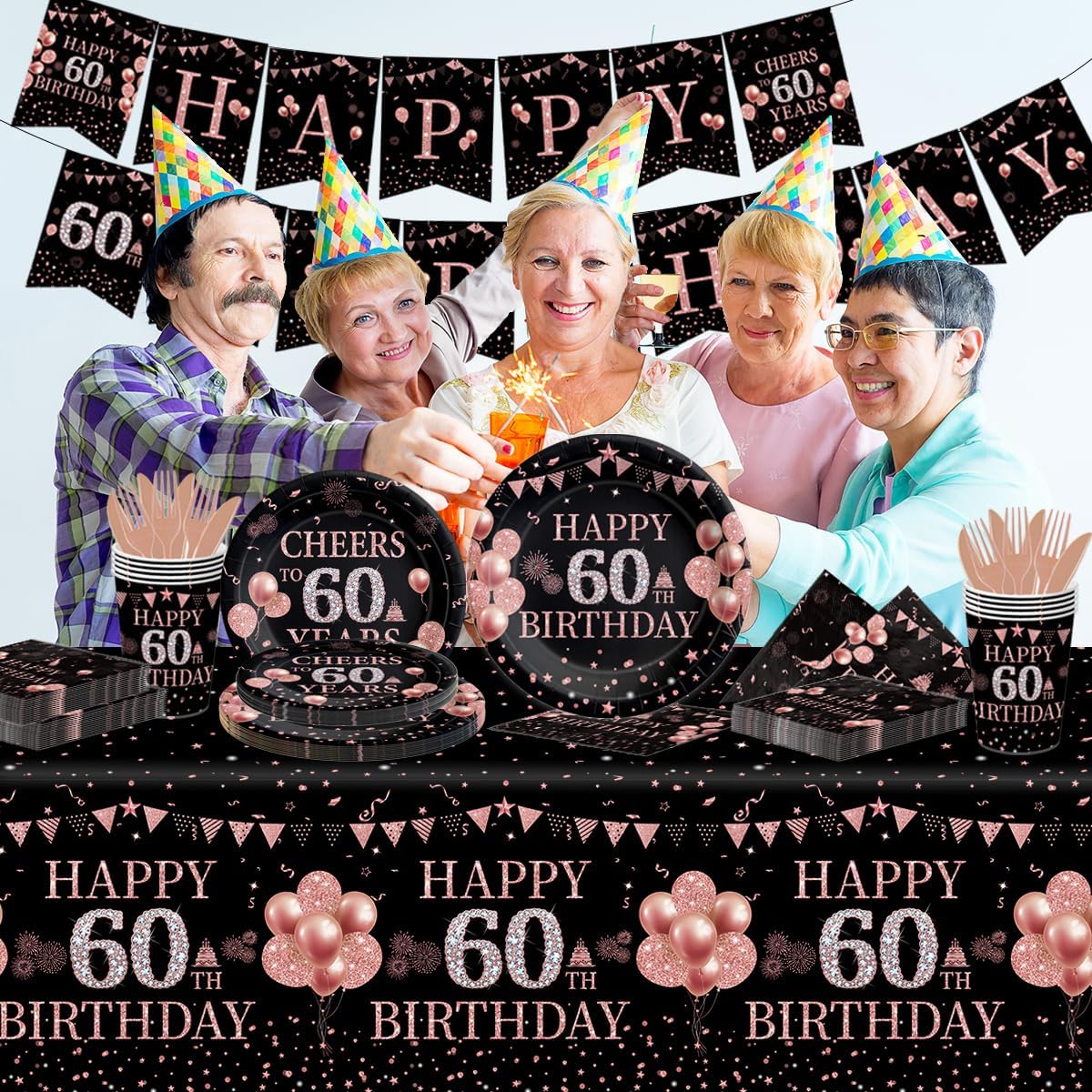 Juego de 142 platos y servilletas desechables de oro rosa para cumpleaños n. 60, para 20 invitados
