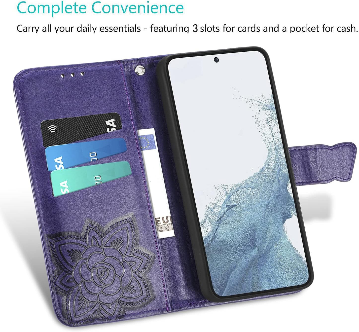 Funda tipo cartera para Galaxy S23 5G, con estampado de mariposas y flores, de piel sintética, con ranuras para tarjetas y función atril para
