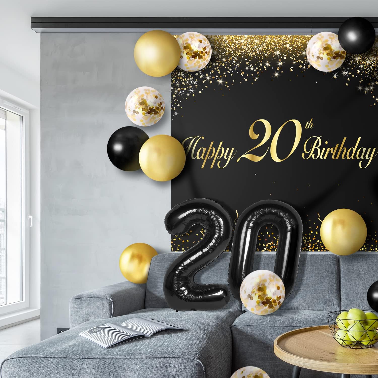 Juego de globos negros de feliz 20 cumpleaños  Saludos a los 20 años de edad temática de fiesta temática guirnalda pancarta decoración telón de