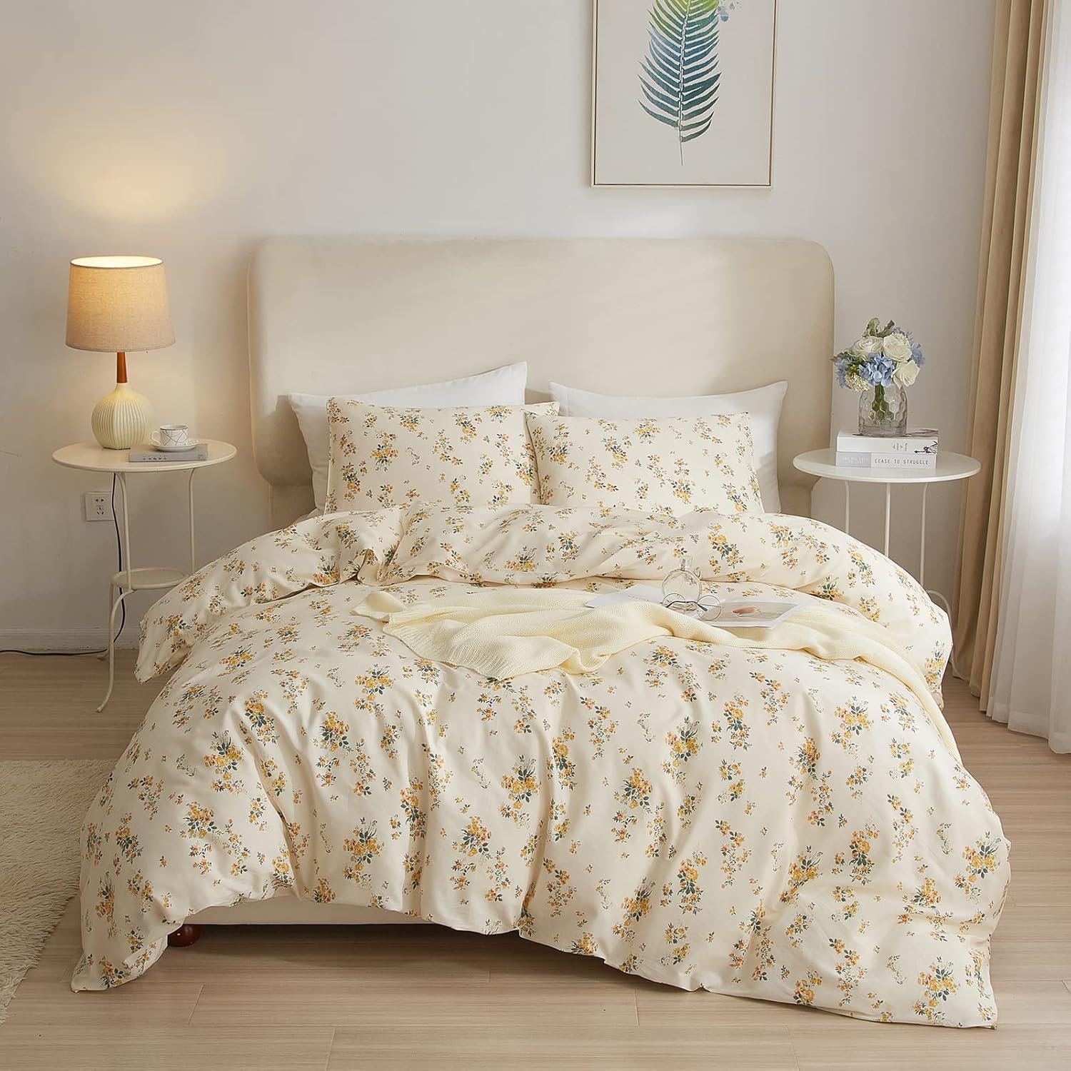 VClife Juego de funda de edredón color crema tamaño Queen  Juego de ropa de cama de algodón suave con estampado floral amarillo, cierre de