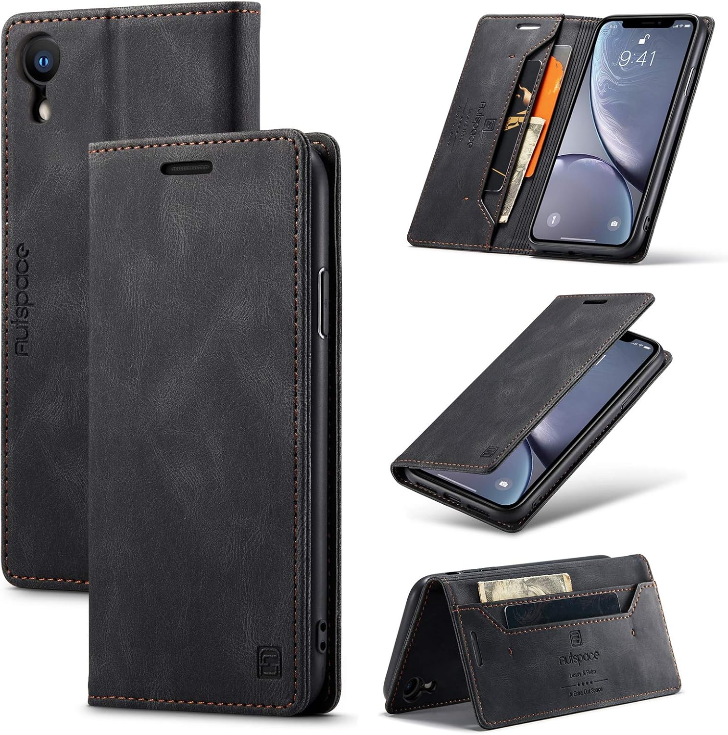 Para iPhone X iPhone Xs Case, Vintage Wallet Case Card Holder Kickstand Funda de cuero con tapa magnética incorporada para iPhone XXS – Negro