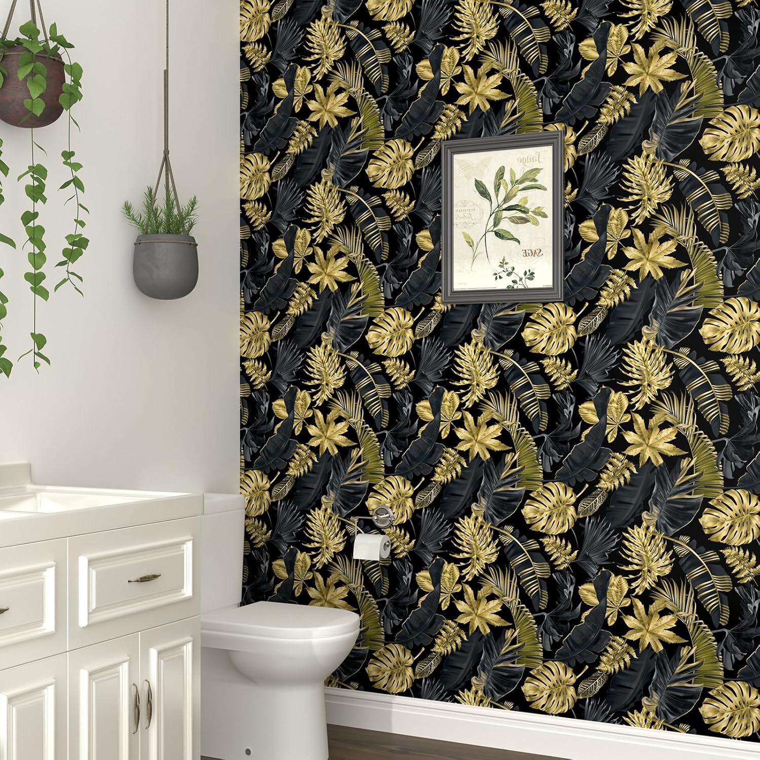 Wallink Papel tapiz negro y dorado con hojas tropicales, papel tapiz autoadhesivo con hojas autoadhesivas, papel tapiz extraíble negro y dorado,