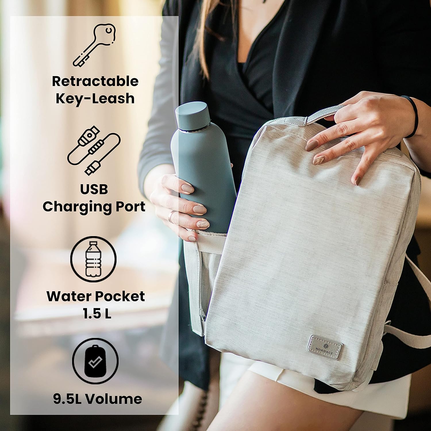 Nordace Siena II Mini mochila de viaje inteligente para mujer con puerto de carga USB, resistente al agua, Gris,claro, Mochilas Daypack