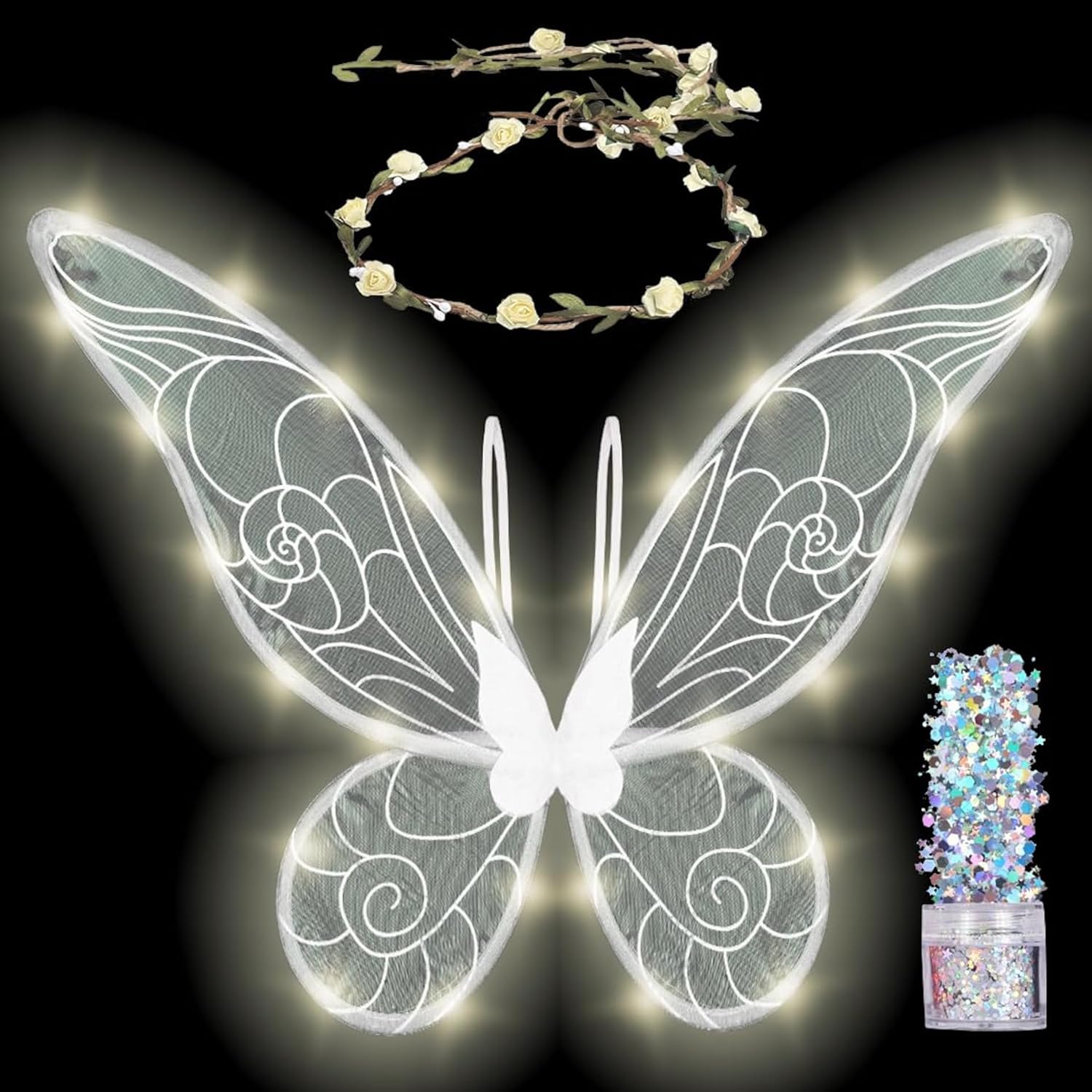 Funcredible Fairy Costume Accessories – Orange Light Up Fairy Wings and Flower Crown, Glitter