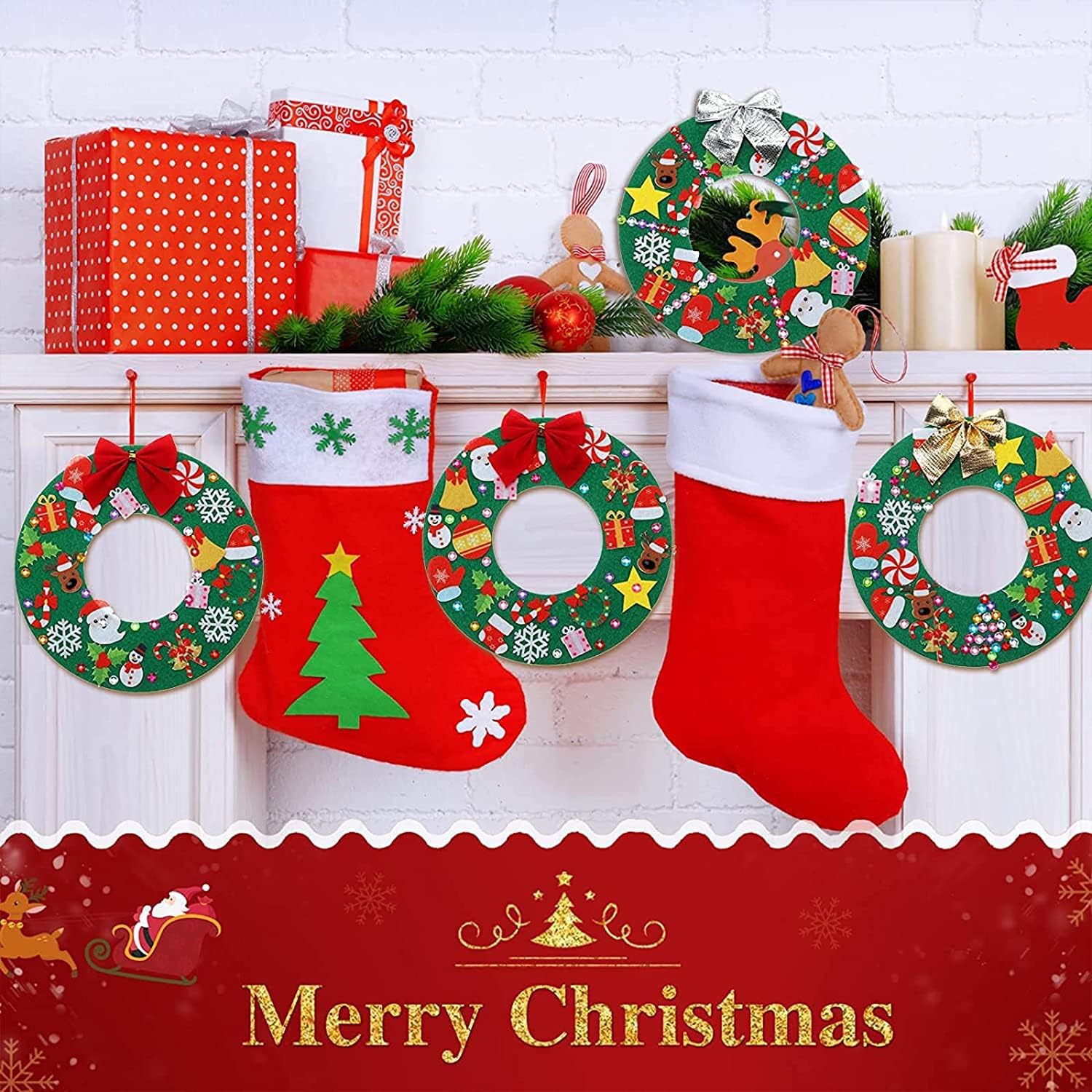 Tatuo Kit de 12 piezas de fieltro para corona de árbol de Navidad, adornos de Navidad con 221 calcomanías autoadhesivas de fieltro de Navidad, 12
