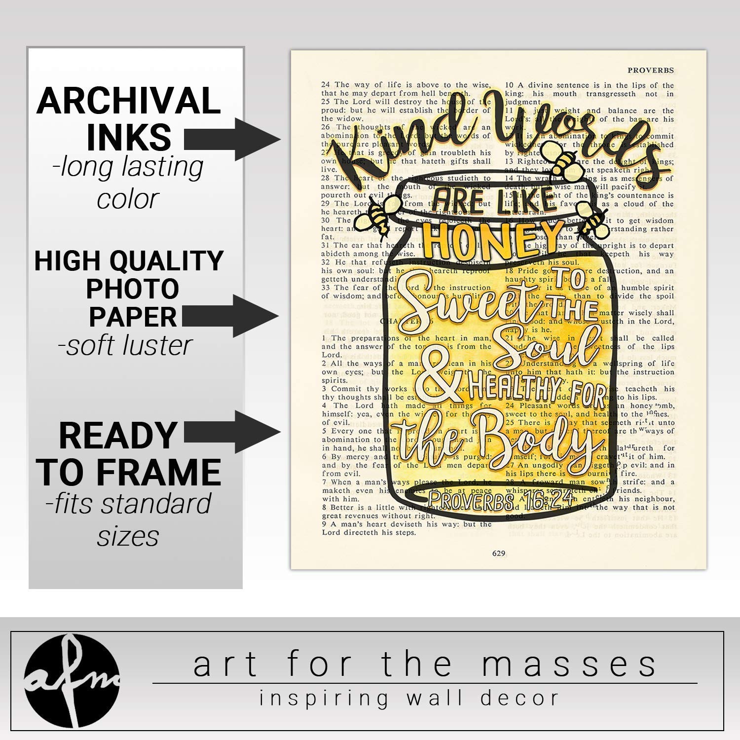Kinds Words Are Like Honey, Sweet to the Soul, Proverbs 1624, Christian Reproduction Art Print, Unframed, Vintage Bible Verse Scripture Wall and