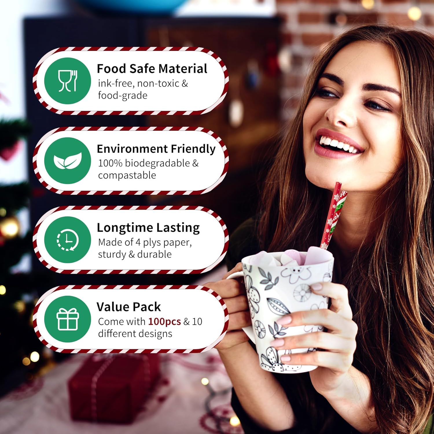 Paquete de 100 popotes de papel de Navidad, 7.75 x 0.24 pulgadas, 10 colores surtidos para árbol de Navidad, Año Nuevo, vacaciones, fiesta (0.24 x