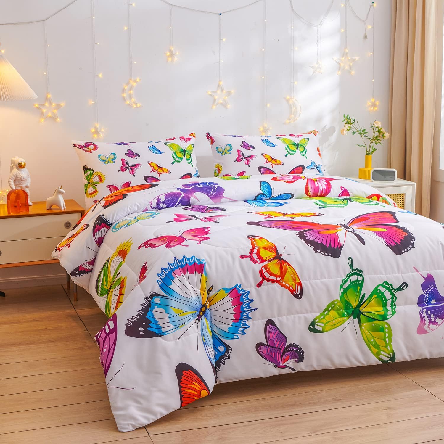 Juego de edredón de mariposa, patrón para niños y niñas, juegos de edredón decorativos con 2 fundas de almohada, tamaño Queen