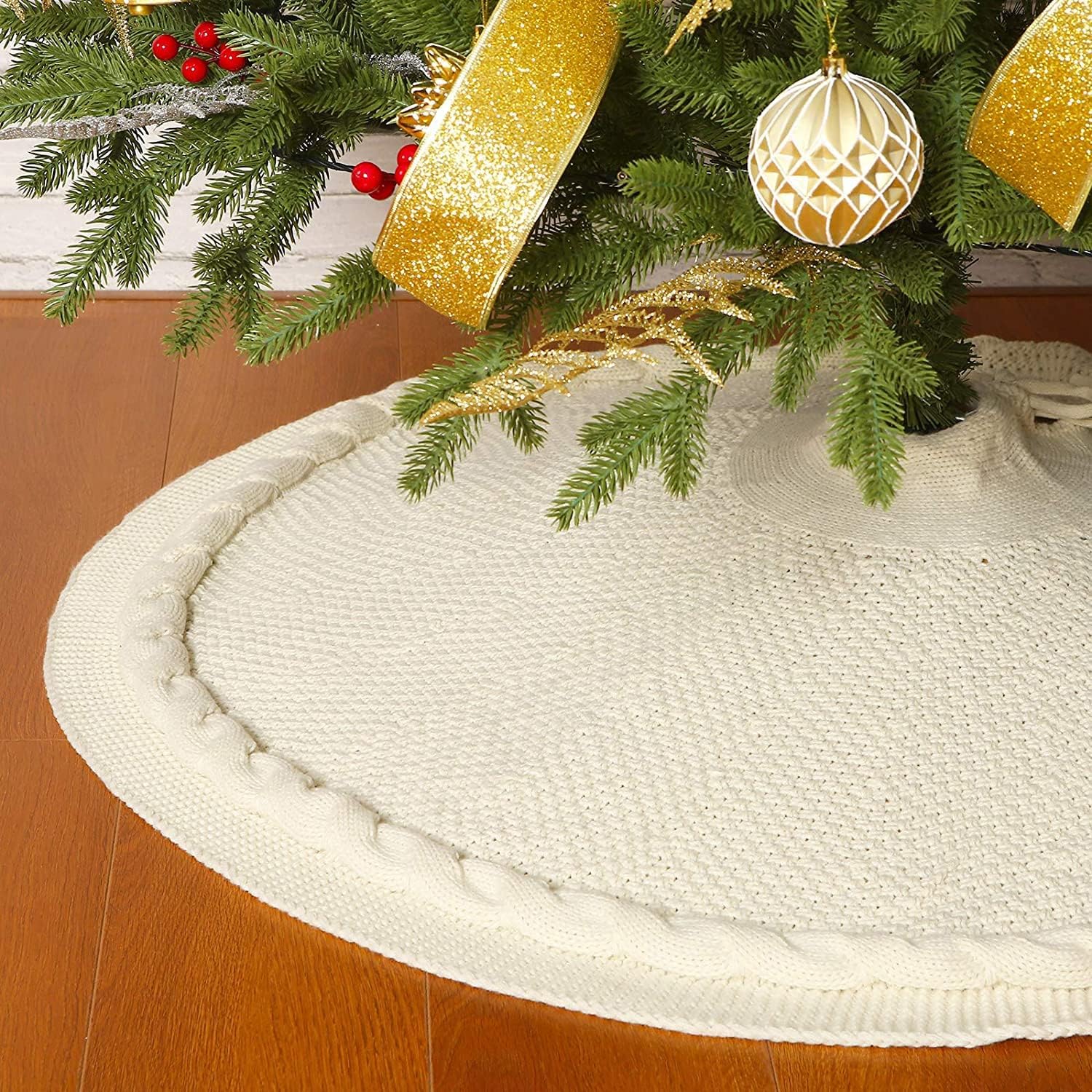 Sattiyrch Faldón de punto para árbol de Navidad, decoración rústica gruesa para árbol de Navidad (crema, 36 pulgadas)