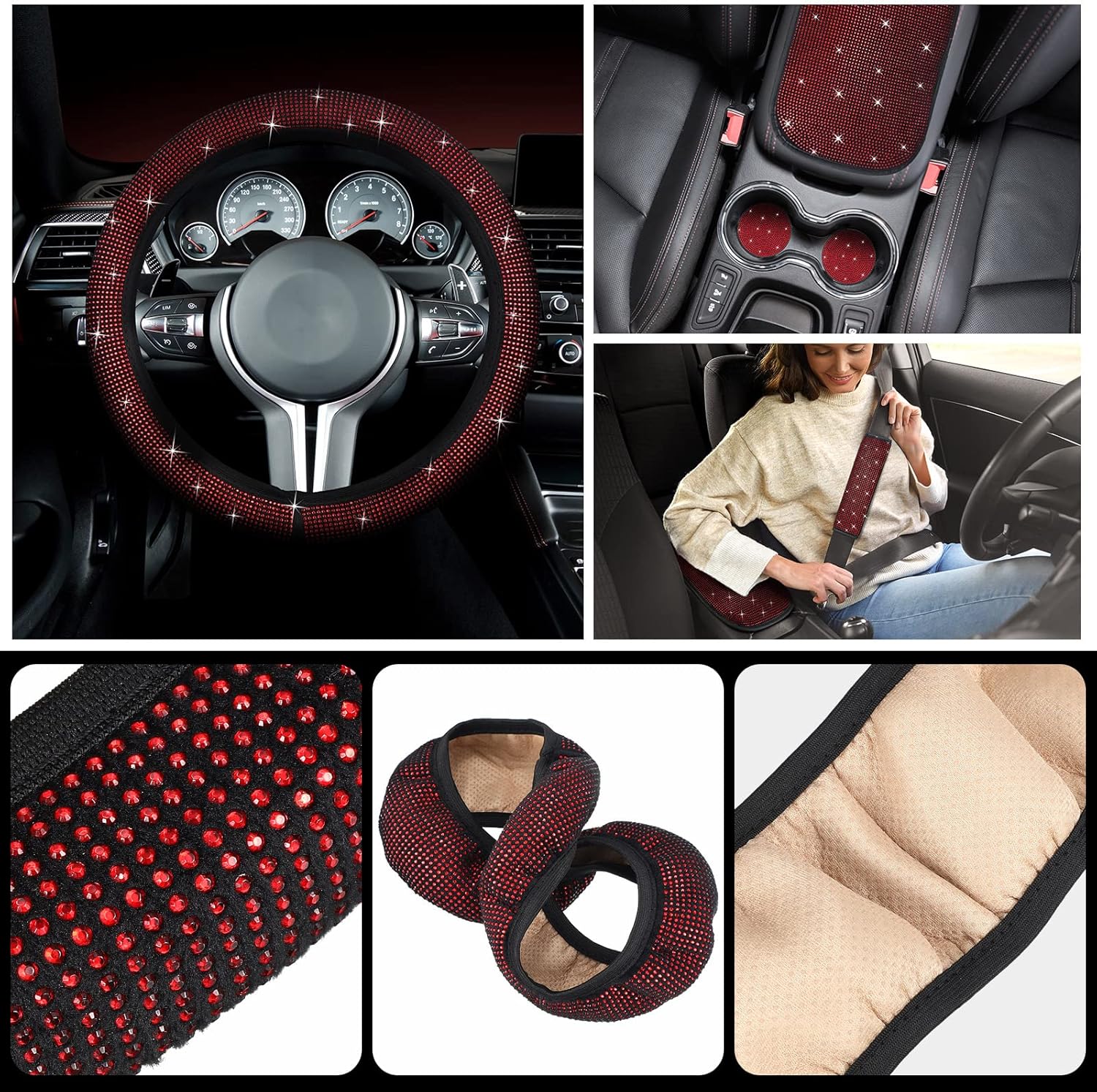 Juego completo de 15 fundas de asiento de automóvil de tela de terciopelo brillante, accesorios de automóvil negros para mujeres, funda de volante