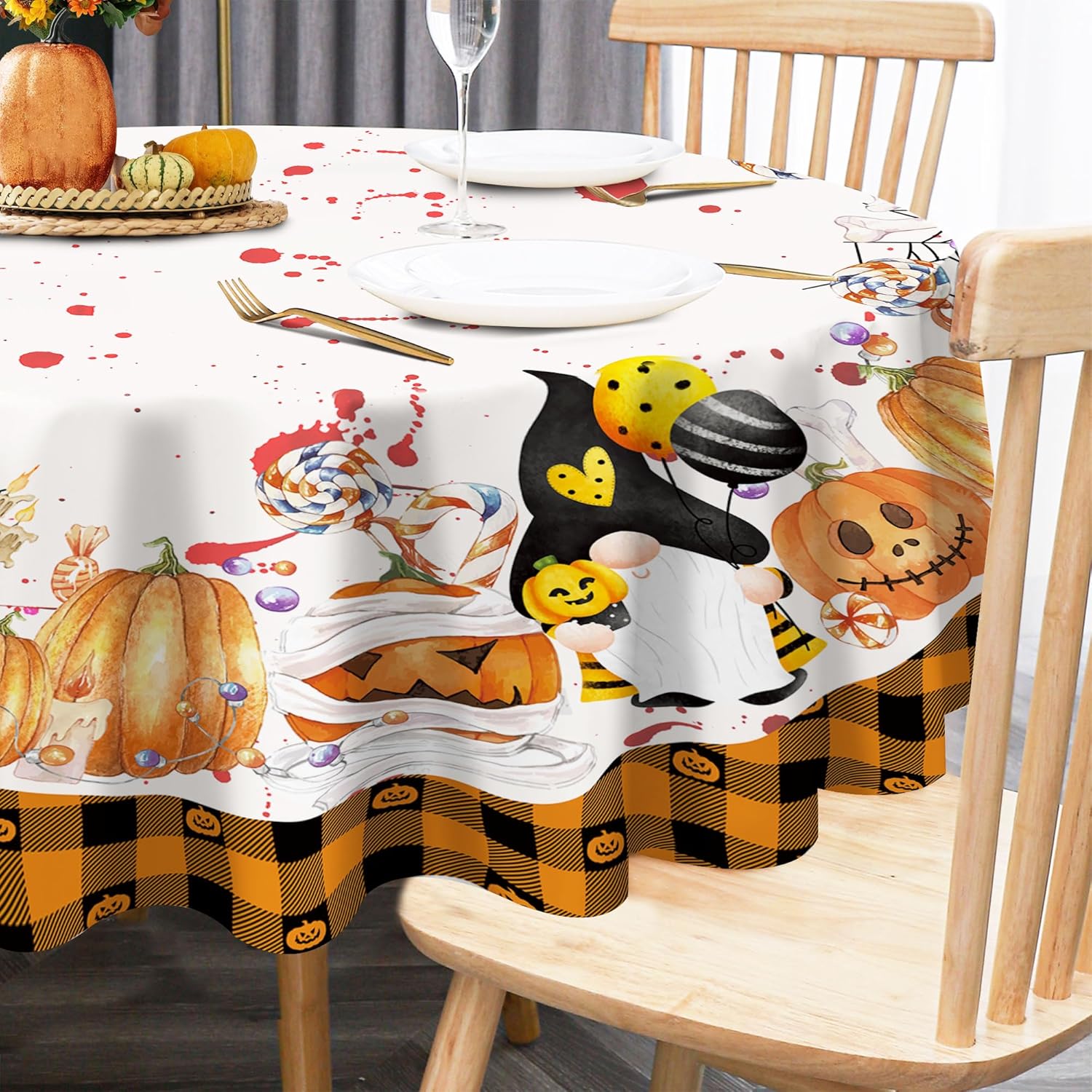 Mantel redondo de Halloween de 60 pulgadas, mantel redondo de gnomos de Halloween, mantel de calabazas de Halloween con tela de araña de gato negro,