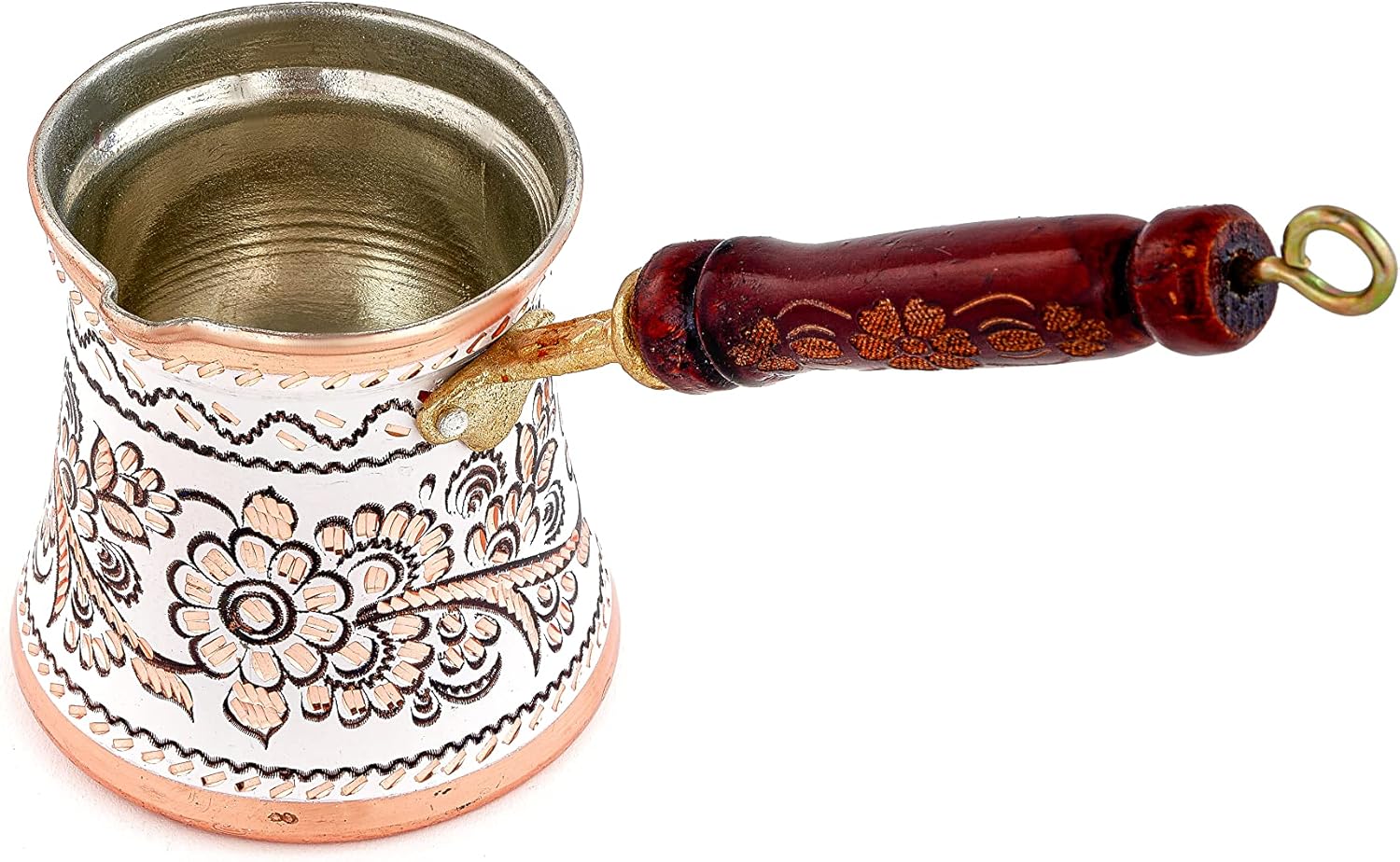 GOLDEN HORN Cezve Ibrik – Cafetera turca de cobre martillada grabada de 10 onzas con mango de madera, cafetera árabe pintada, cafetera griega Briki,