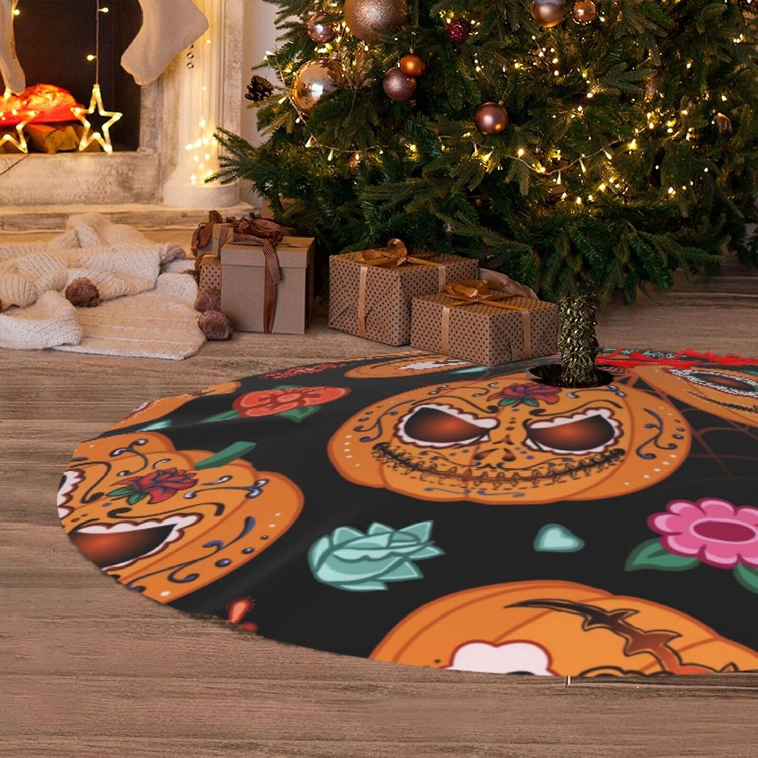 Alfombra colorida para Halloween, Día de los Muertos, calavera de azúcar, calabaza, flor de calabaza, 36 pulgadas, tapete divertido para decoración