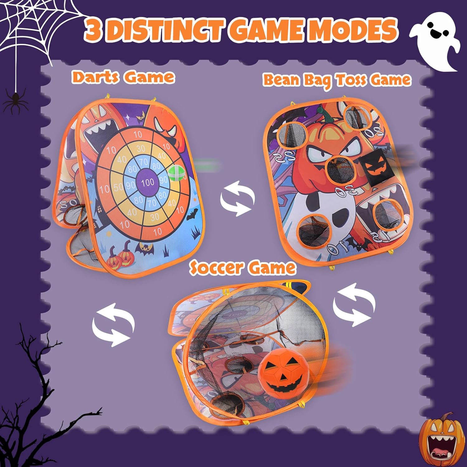 Juego de lanzamiento de bolsas de frijoles de Halloween 3 en 1, juego de pelota de fútbol portátil, juego de dardos, juego de lanzamiento de bolsas