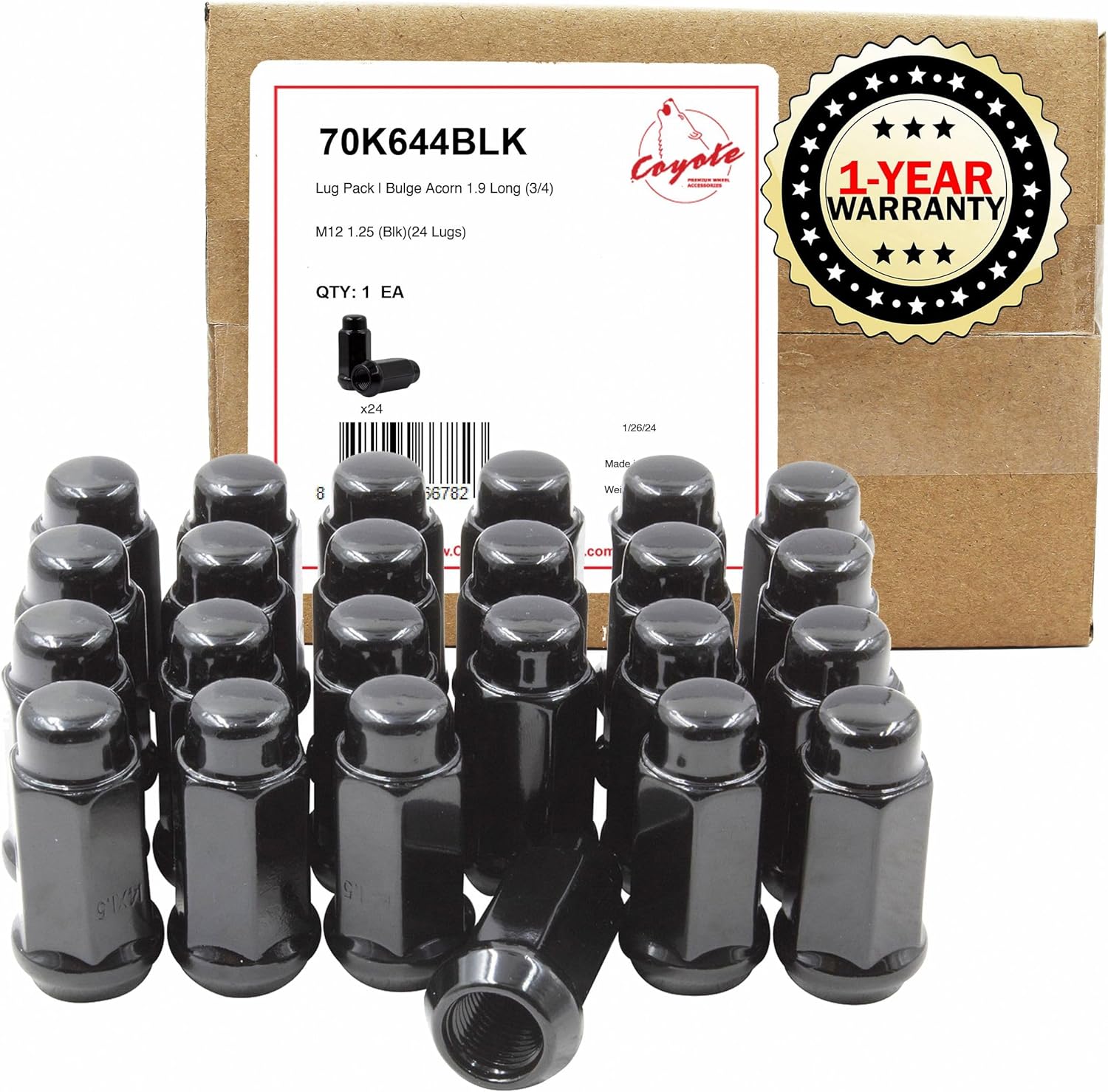 Wheel Accessories Parts 24 tuercas de rosca de 0.472 in, 1.25, 12 x 1.25, bellota de 34 pulgadas, hexagonal, 1.90 de largo, color negro cromado, se