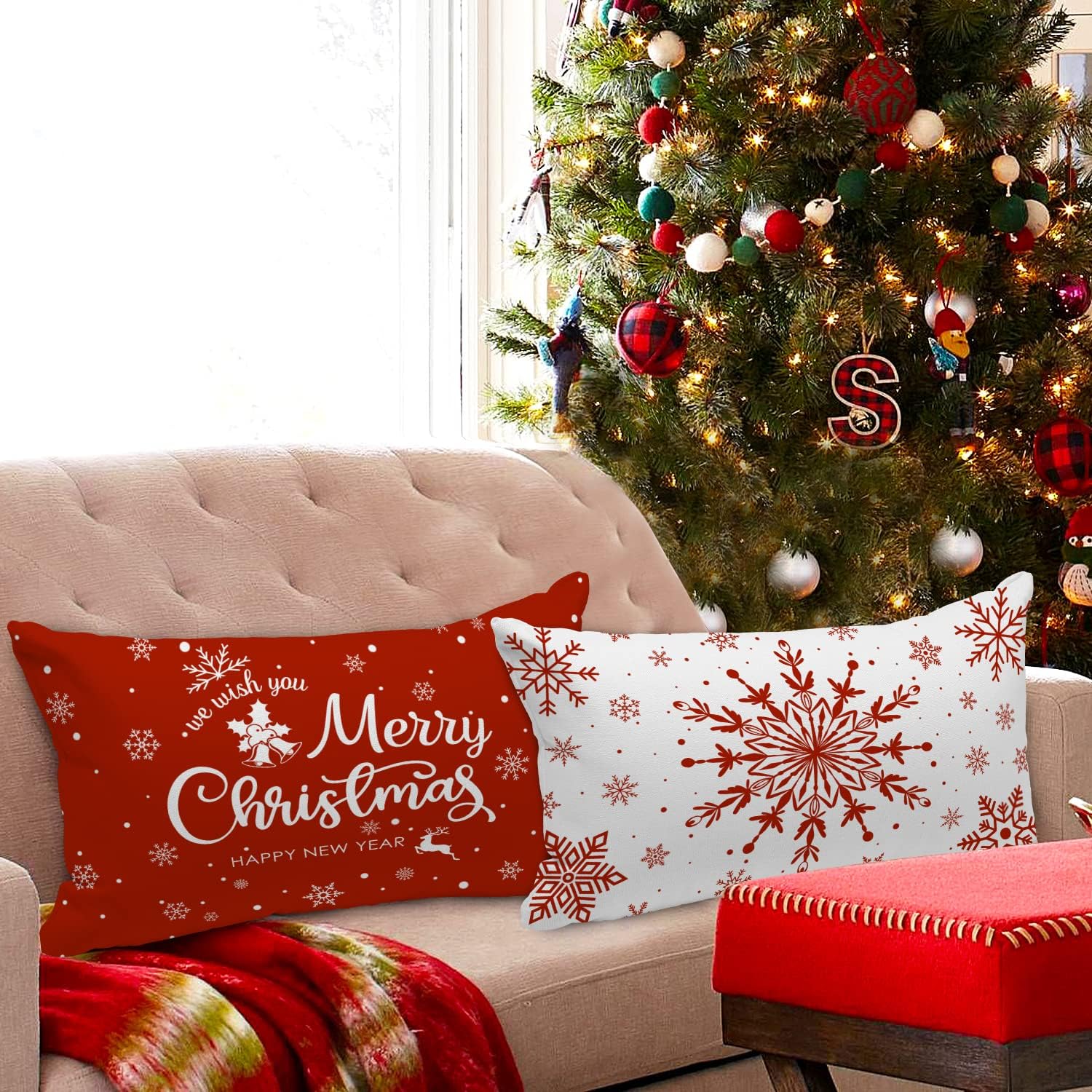 Lanpn Juego de 4 fundas de almohada lumbares de Navidad de 14 x 24 pulgadas, fundas decorativas de Navidad con copos de nieve de Navidad de 14 x 24